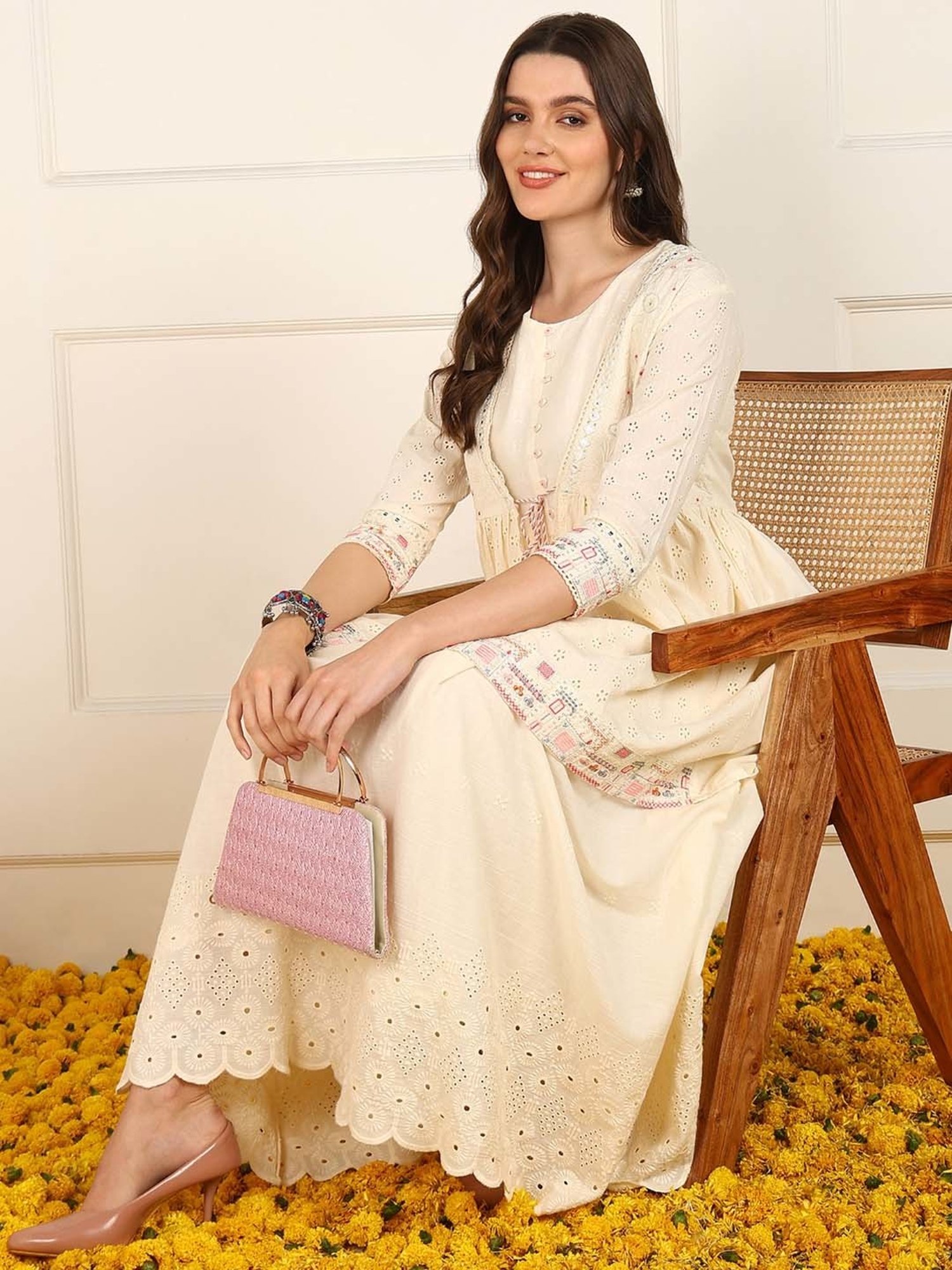 Vaamsi Beige Cotton Embellished Maxi Dress With Shrug