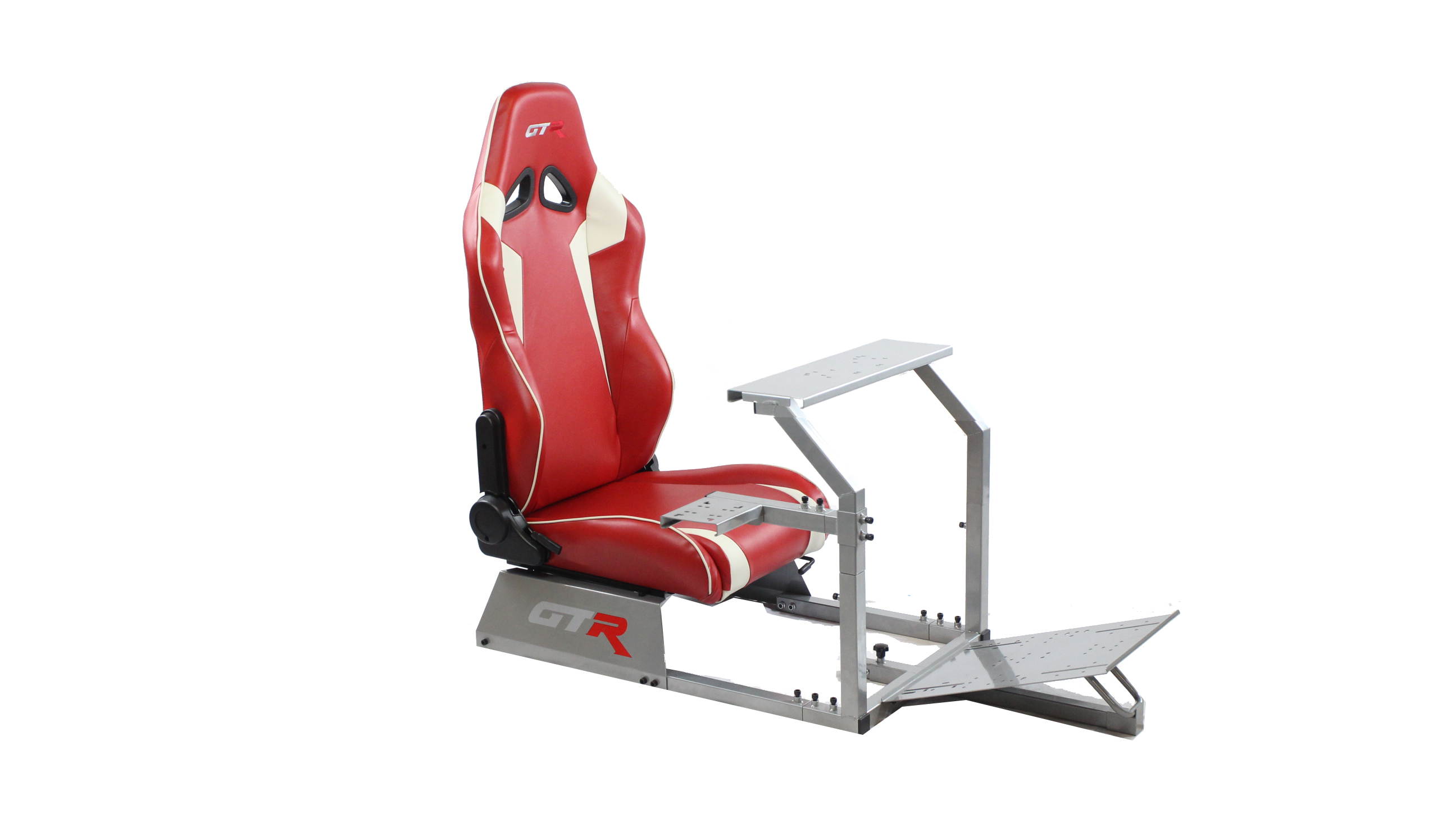 GTR Racing Simulator GTA-S-S105LRDWHT GTA Model Silver Frame with Red/White Real Racing Seat, Driving Simulator Cockpit Gaming Chair with Gear Shifter Mount