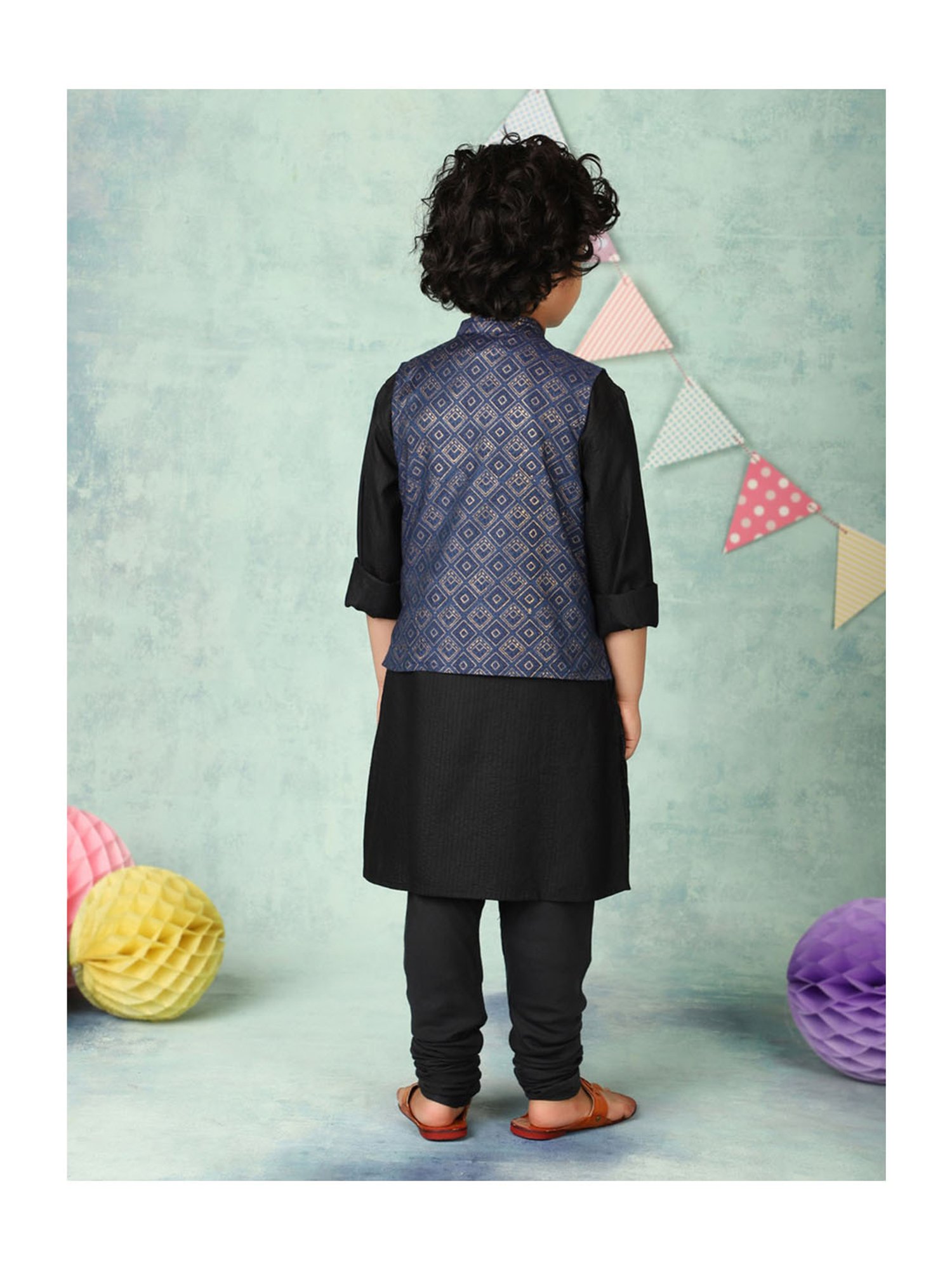 Fabindia Kids Blue Printed Nehru Jacket