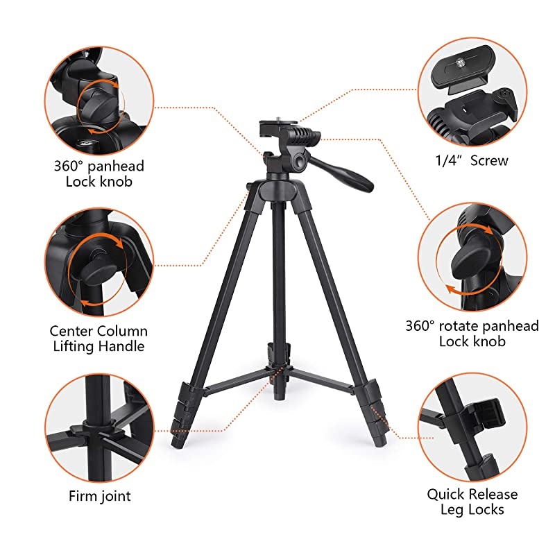 Lightweight Phone Tripod 55Inch Video Tripod with 360 Panorama and 14 Mounting Screw for MirrorlessGoproDSLR Camera Phone Holder for Smartphone Max Load 66 Lbs Carry Bag Inclued