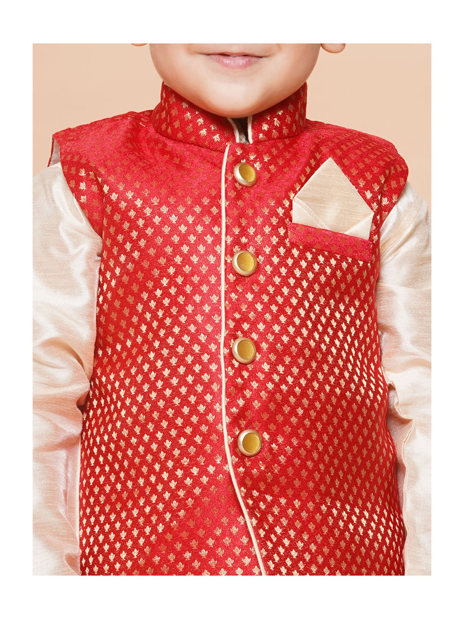 AJ Dezines Kids Beige & Red Self Design Full Sleeves Kurta, Dhoti with Waistcoat
