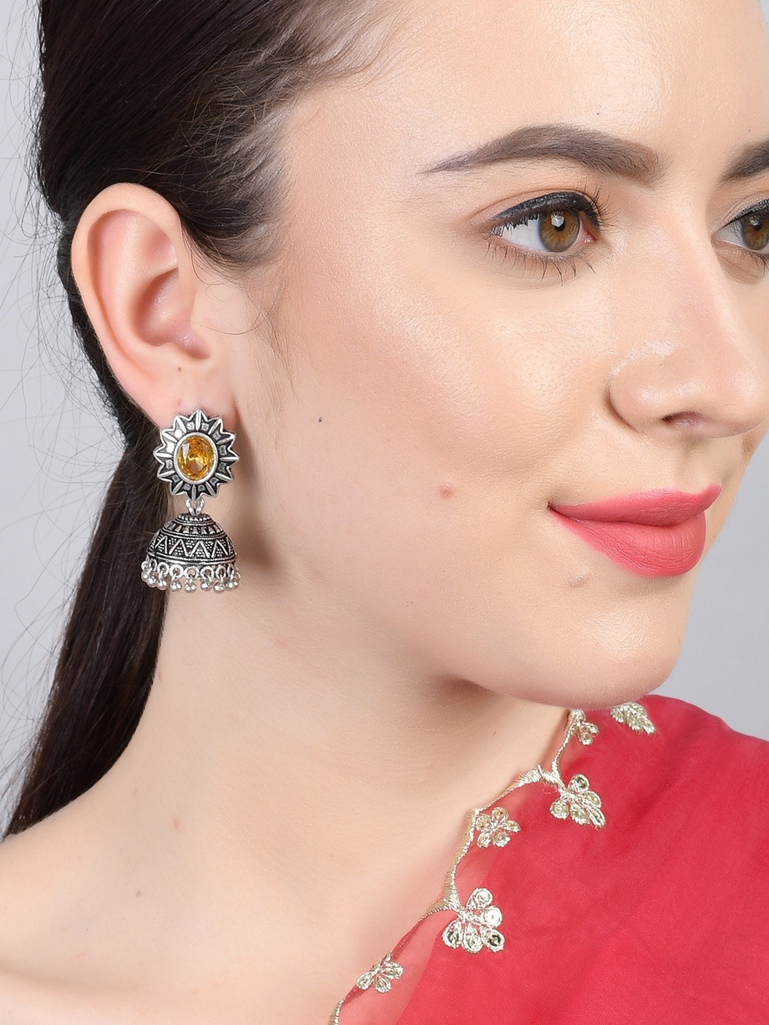 Imli Street Yellow Silver Tone Stone-Studded Handcrafted Jhumki Earrings