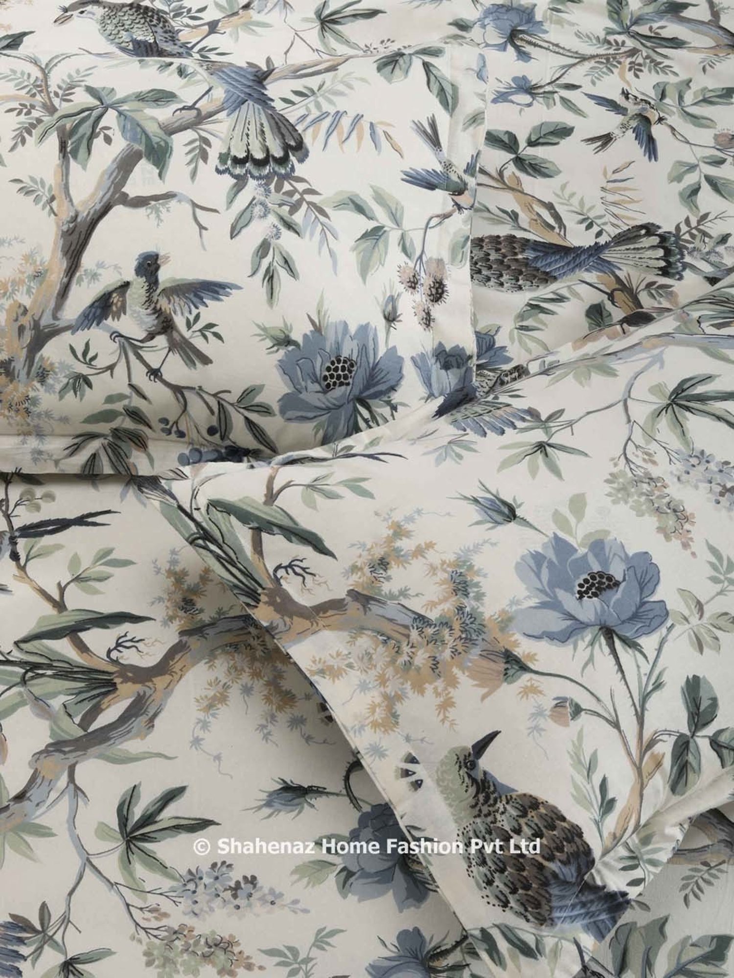 Shahenaz Blue 120 TC Cotton Floral Birds Double Bedsheet with 2 Pillow Covers
