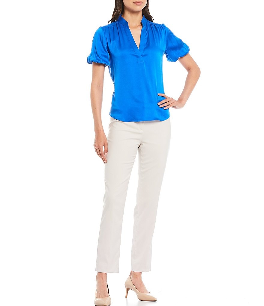 Antonio Melani Morgan Sandwashed Stretch Silk-Blend Short Puff Sleeve Mandarin Collar Neck Blouse