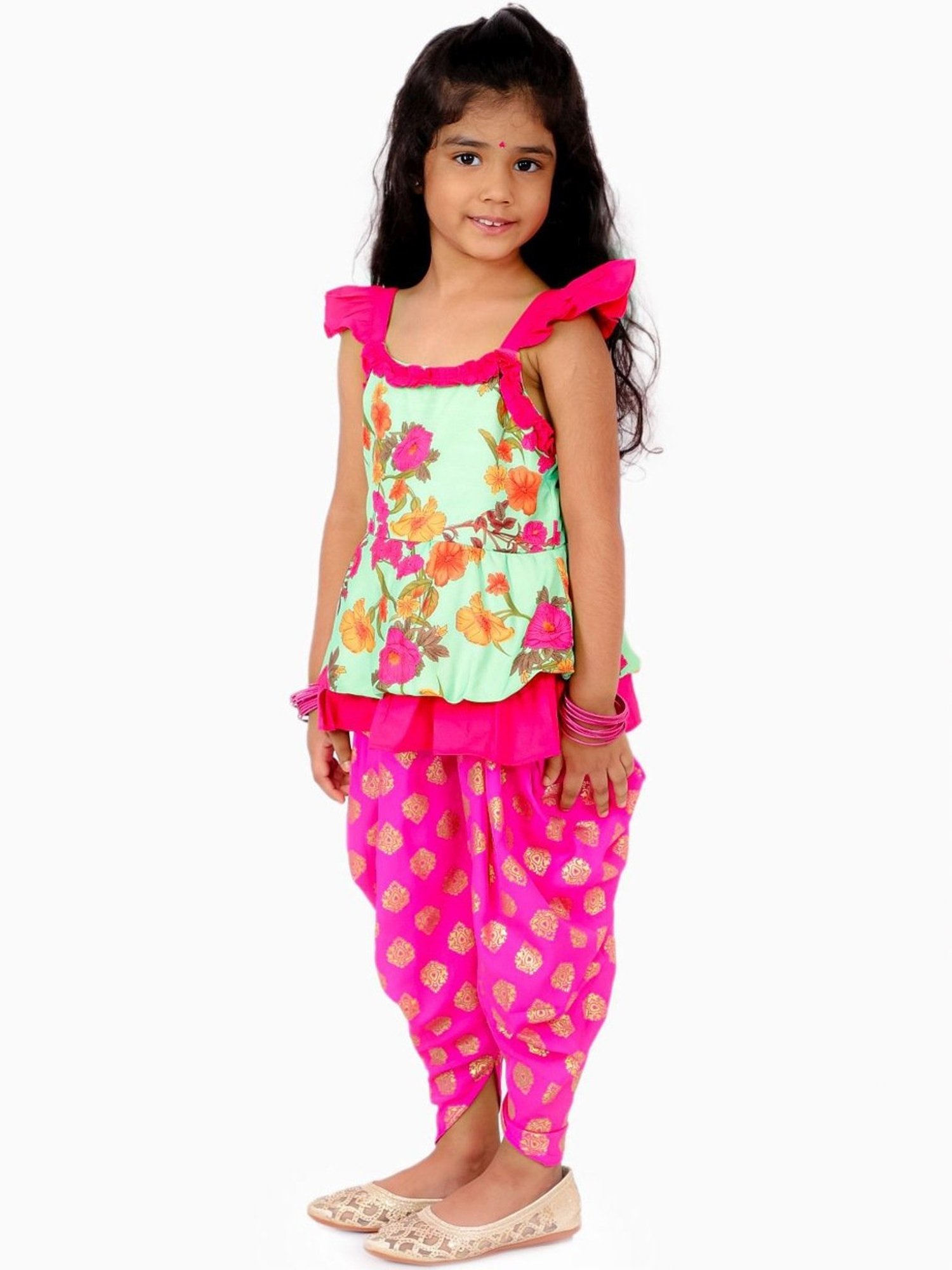 TWISHA Kids Green & Pink Floral Print Top Set