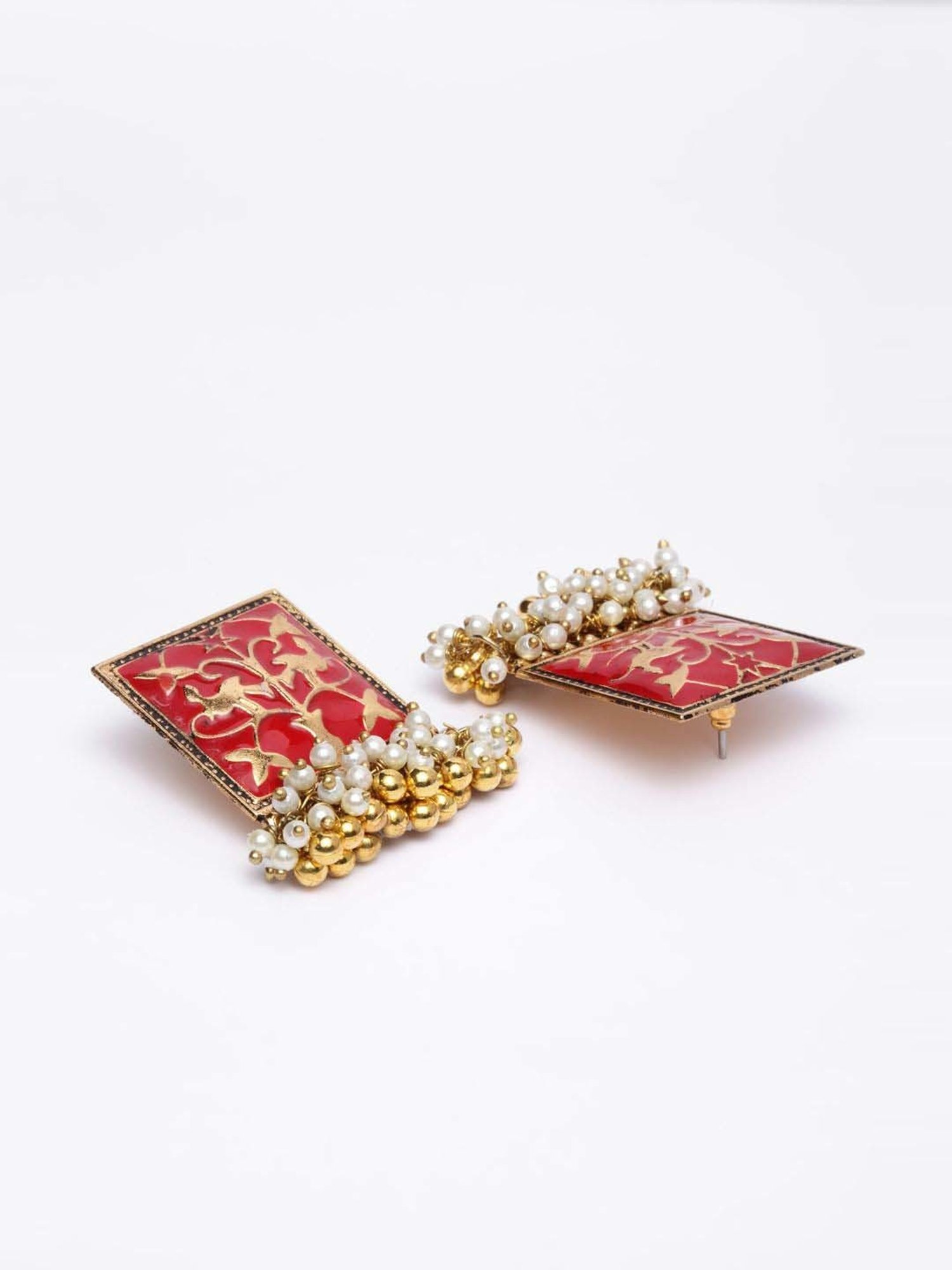 Panash Red Gold-Plated Meenakari Square Shaped Stud Earrings