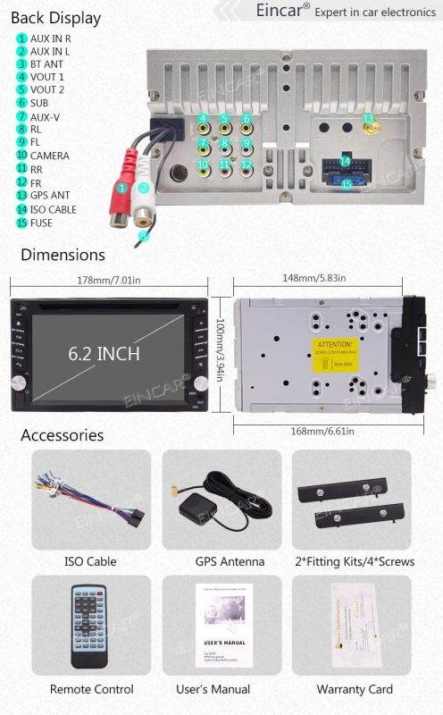 EINCAR Double DIN Car Stereo GPS Navigation Car DVD CD Player in Dash Bluetooth Head Unit with Capacitive Touchscreen AM FM RDS Autoradio 2 DIN Car Radio Receiver Audio Video USB Map Card+Rear Camera