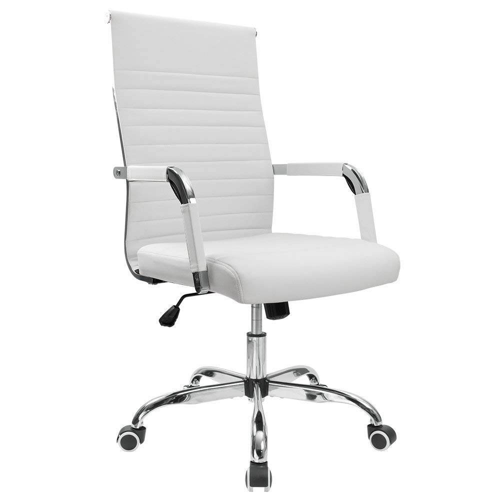 Furmax Ribbed Office Desk Chair Mid-Back PU Leather Executive Conference Task Chair Adjustable Swivel Chair with Arms (White)