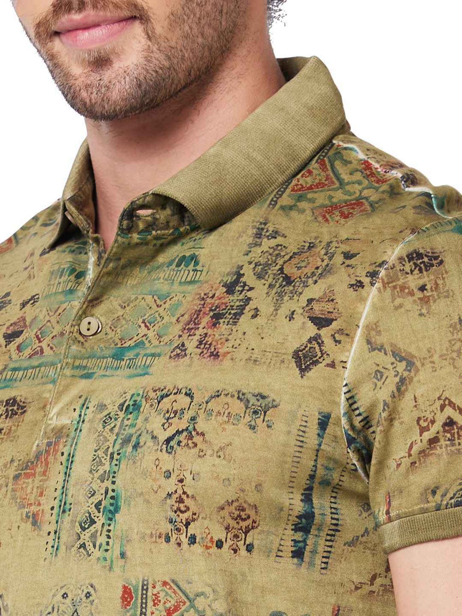 Spykar Green Cotton Slim Fit Printed Polo T-Shirt