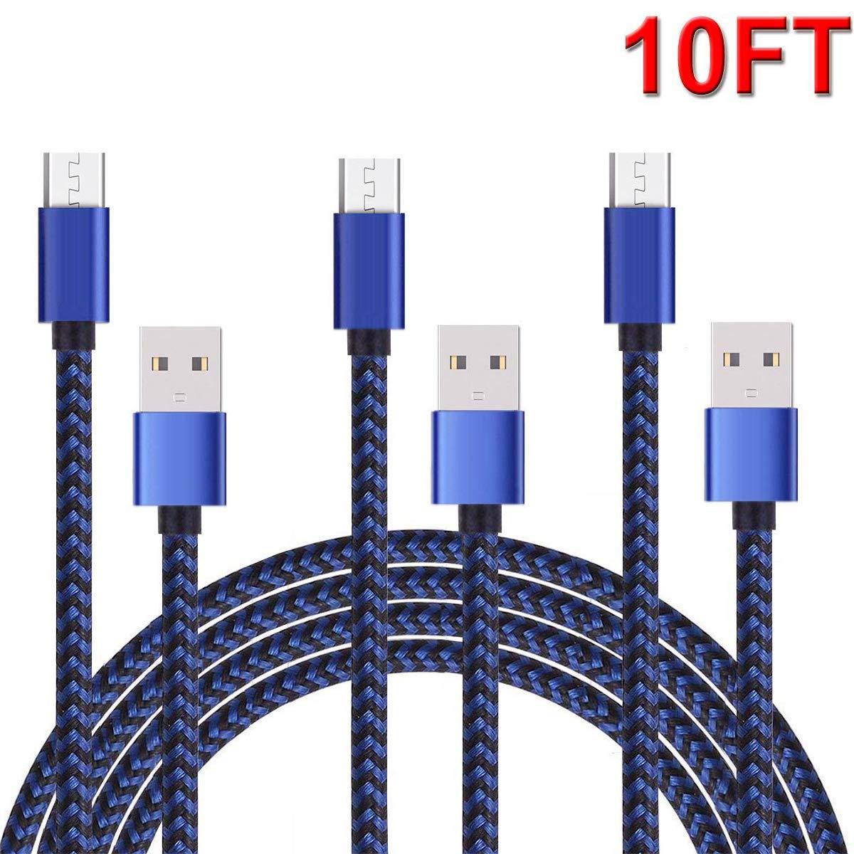 Micro USB Cable Android Tablet Charger Fast Long Charging Cord 10 FT 3Pack Braided Android Phone Charger For Samsung Galaxy S7/S6/S4/J7/J3/Note5/Tab 3/4/A/E,LG V10 PS4 Xbox One