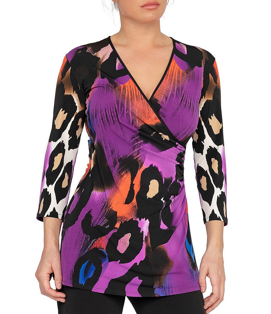 Eva Varro Animal Print Knit Jersey Faux-Wrap V-Neck 3/4 Sleeve Blouse