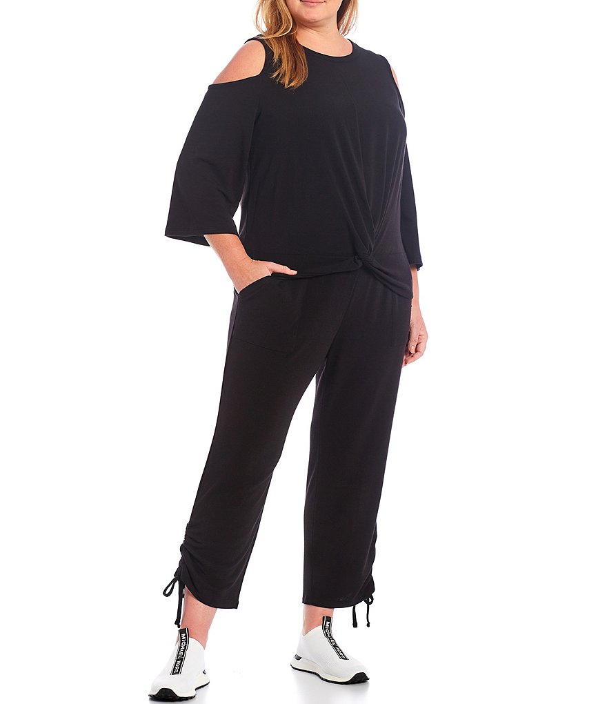 MICHAEL Michael Kors Plus Size Brush Back Knit Terry Jewel Neck Cold Shoulder 3/4 Sleeve Twist Hem Top