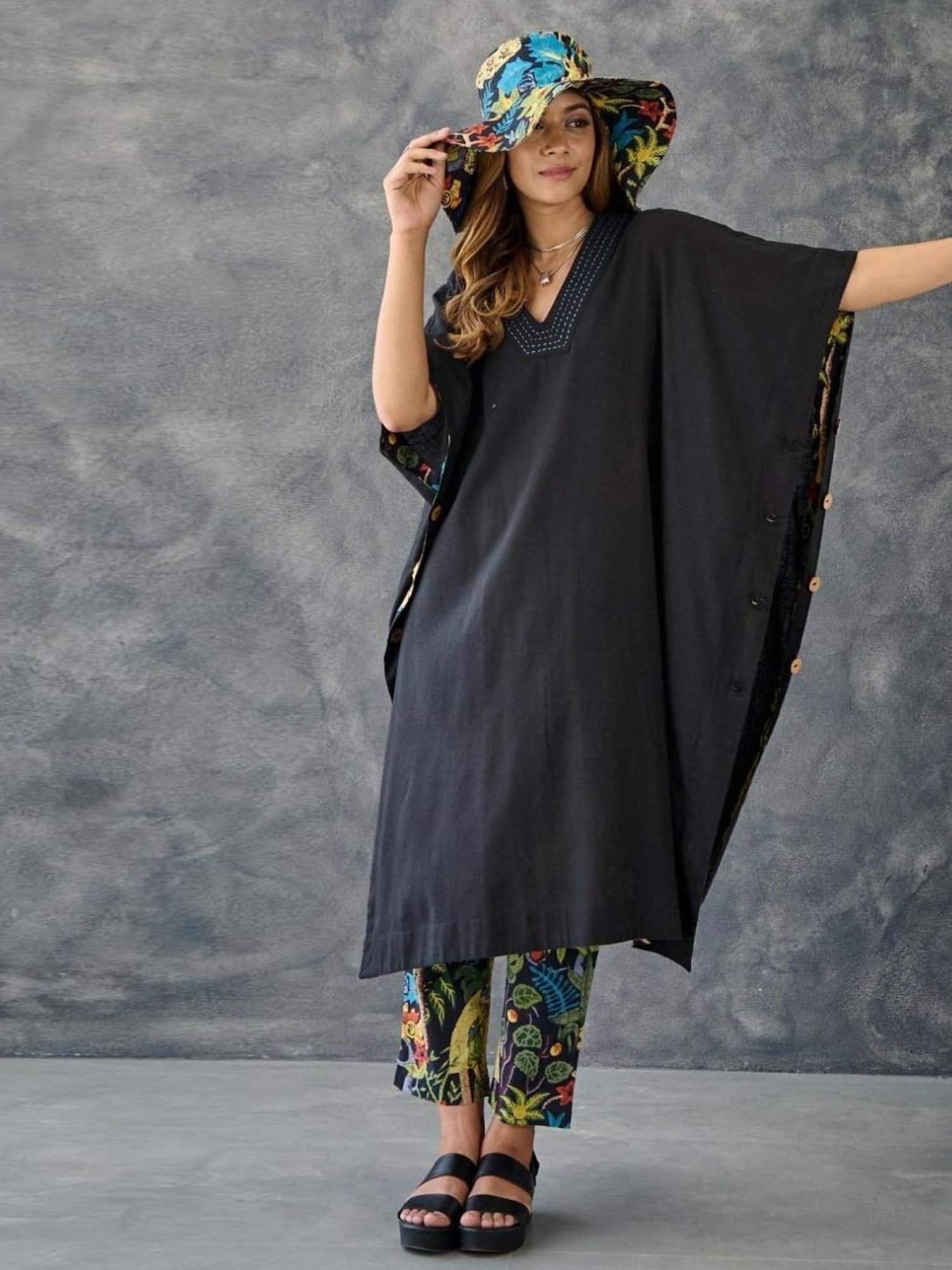 Gulaal Black & Pink Cotton Beach Kaftaan with Straight Fit Pant