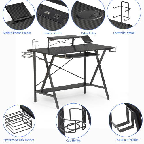 47" Gaming Desk Table, E-Sports Computer Desk with PC Stand Shelf Keyboard stand Power Strip with USB Cup Holder & Headphone Hook Home Office Desk Gamer Desk Writing Table, Carbon Fiber Coated Black