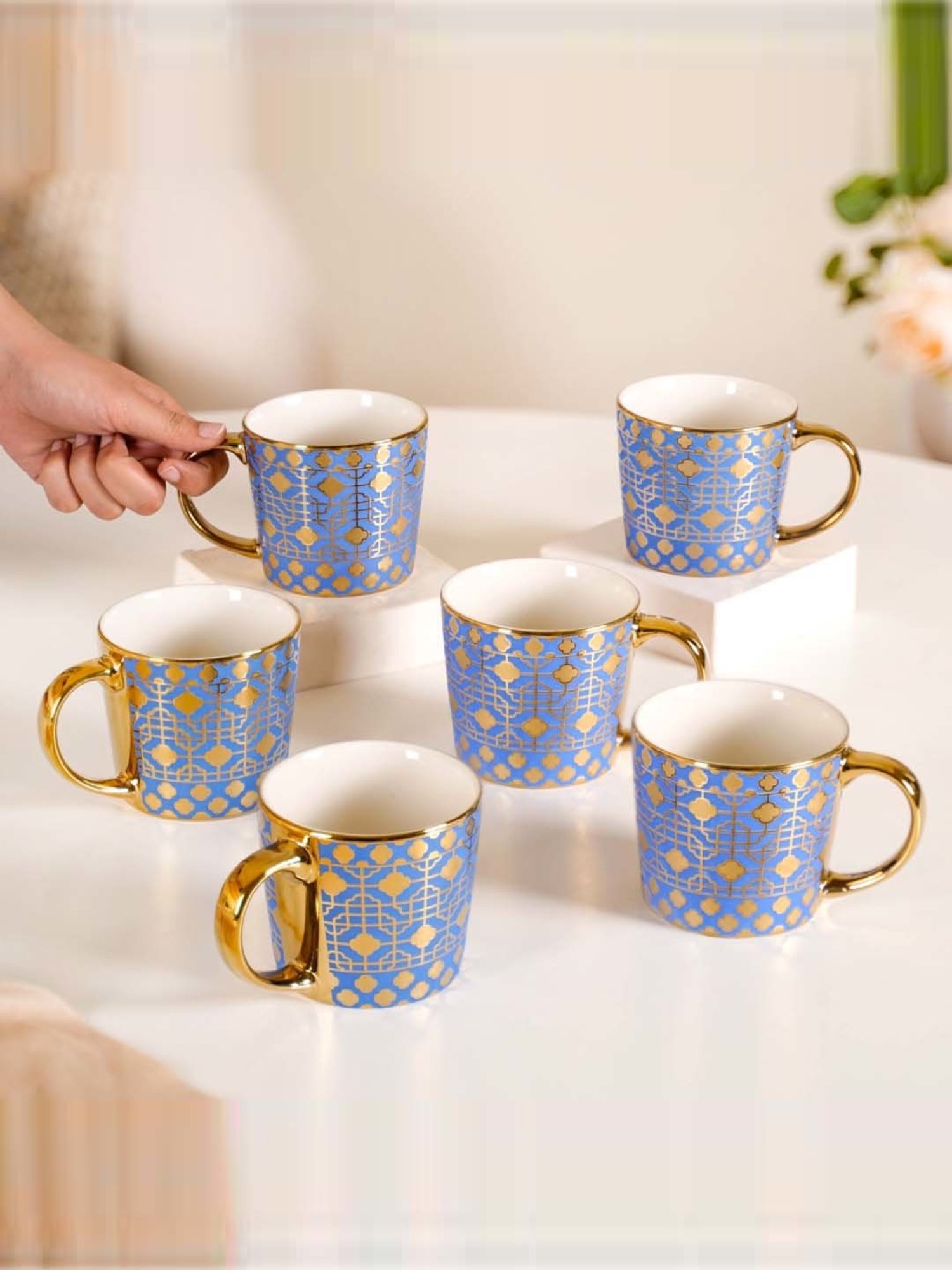 Nestasia Lavish Tea Cup Set Of 6 Microwave-Safe Blue Ceramic Coffee Mugs 280ml