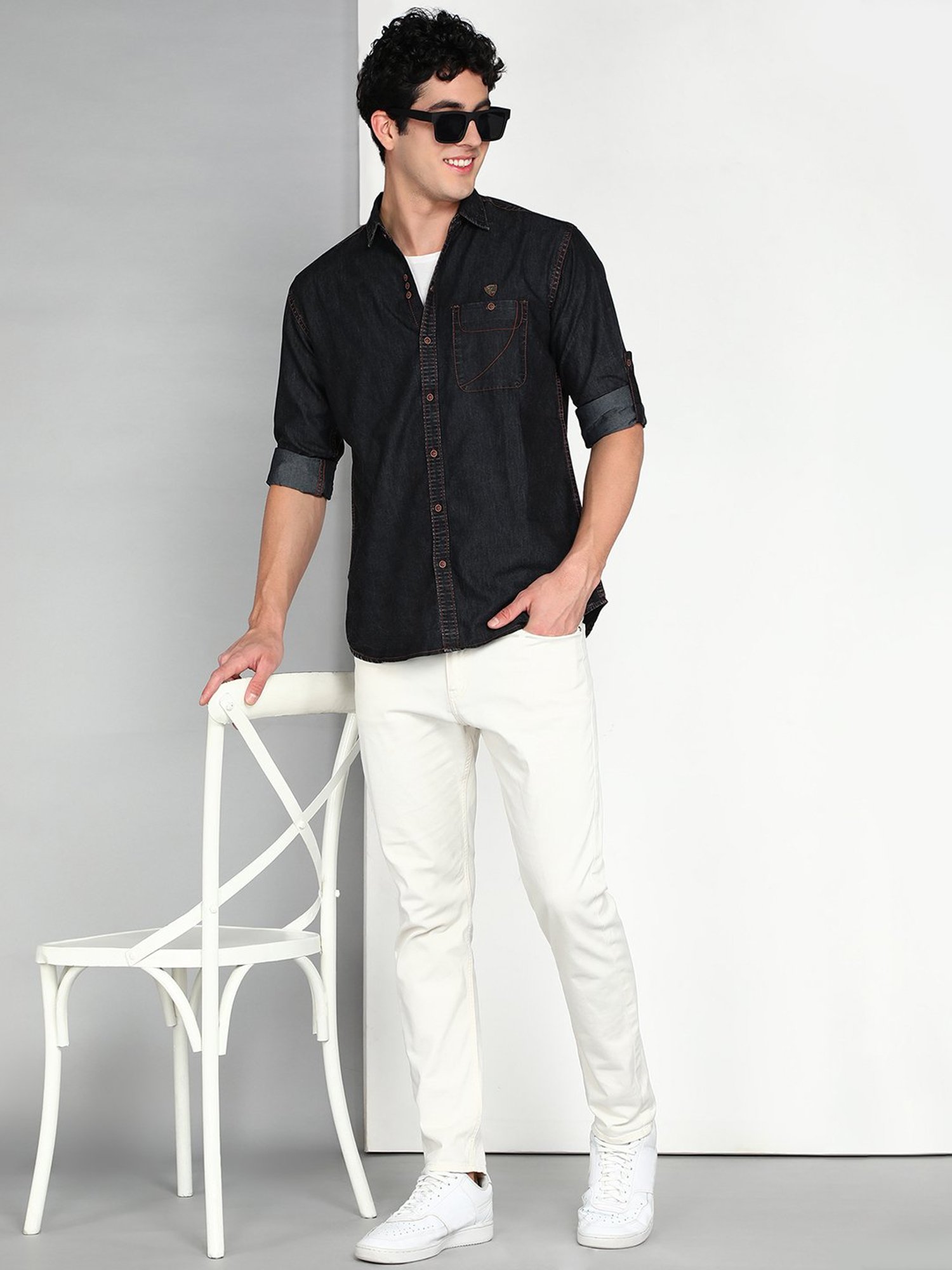 Kuons Avenue Cobalt Blue Slim Fit Denim Shirt