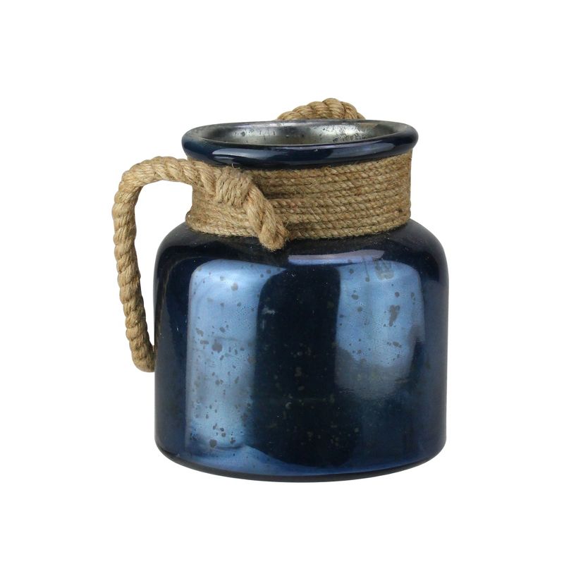 Kaemingk 6.25" Blue Mercury Glass Hurricane Lantern with Rope Handle