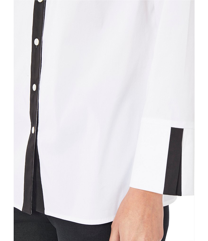 Ming Wang Stretch Cotton Poplin Contrast Trim Mandarin V-Neck Collar Long Cuff Sleeve Shirt