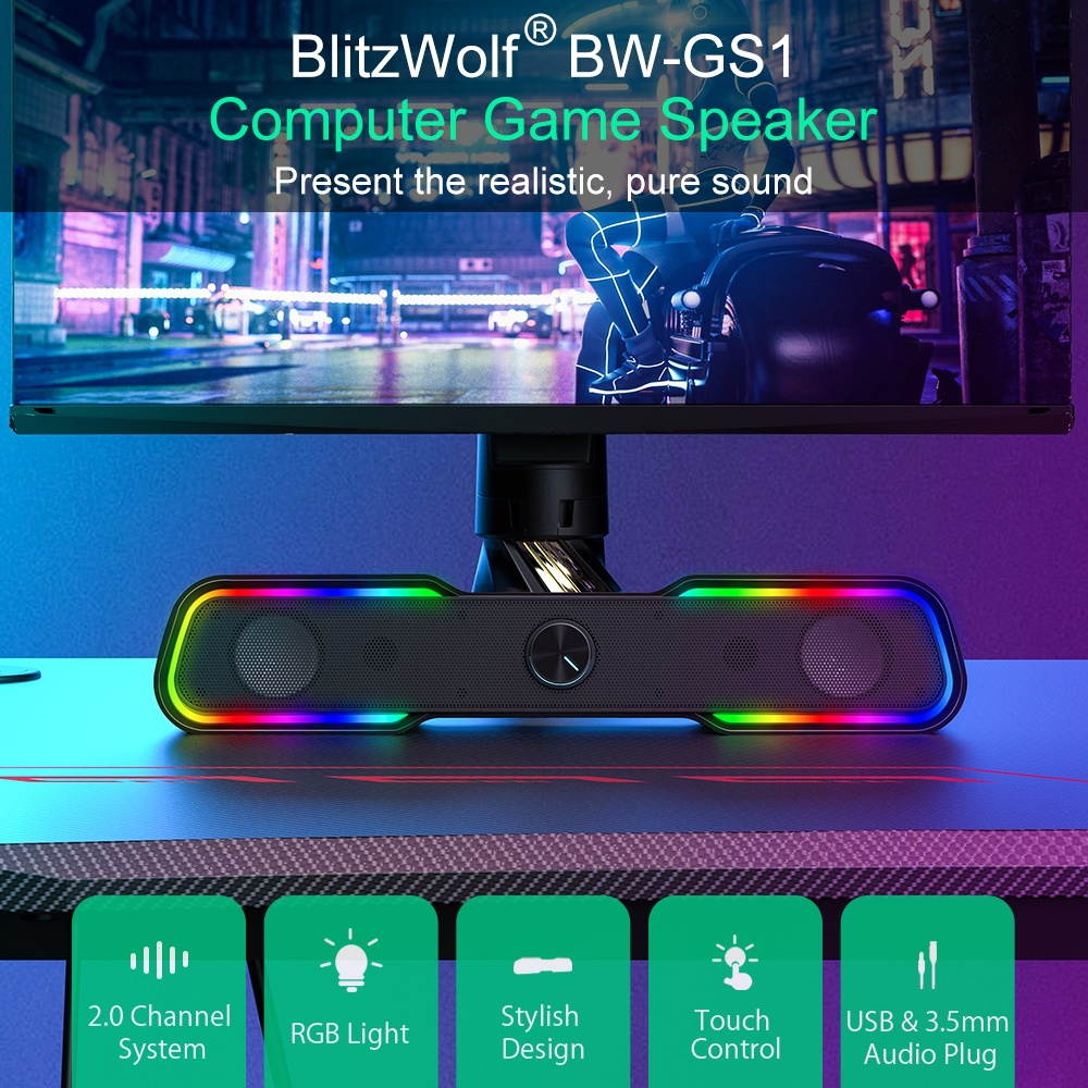 BlitzWolf&reg; BW-GS1 Computer Game Speaker with 2.0 Channel System bluetooth RGB Light Stylish Design Touch Control and USB & 3.5mm Audio Plug