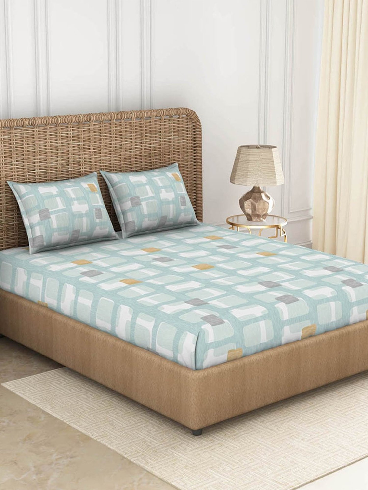 Spaces Printed Light Blue 144 TC Cotton King Fitted sheet with 2 Pillow Covers