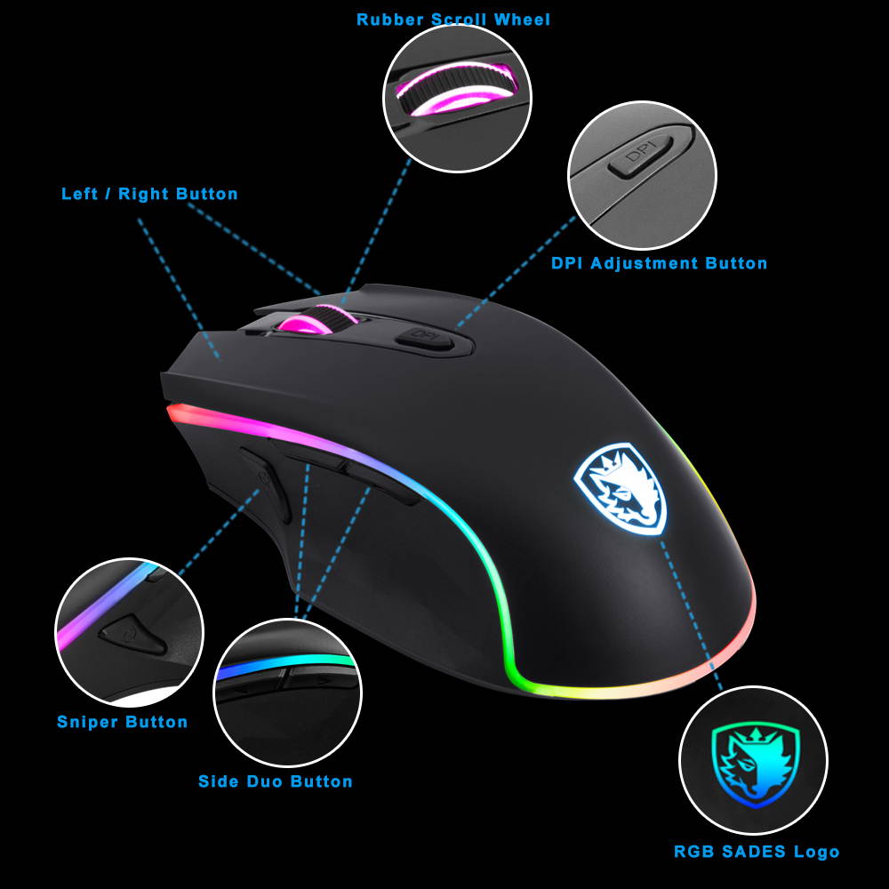 SADES Scythe FPS Gaming Mouse 4000DPI 7 programmable buttons 11 RGB lighting Opto-electronic Ambidextrous Ergonomic Mouse