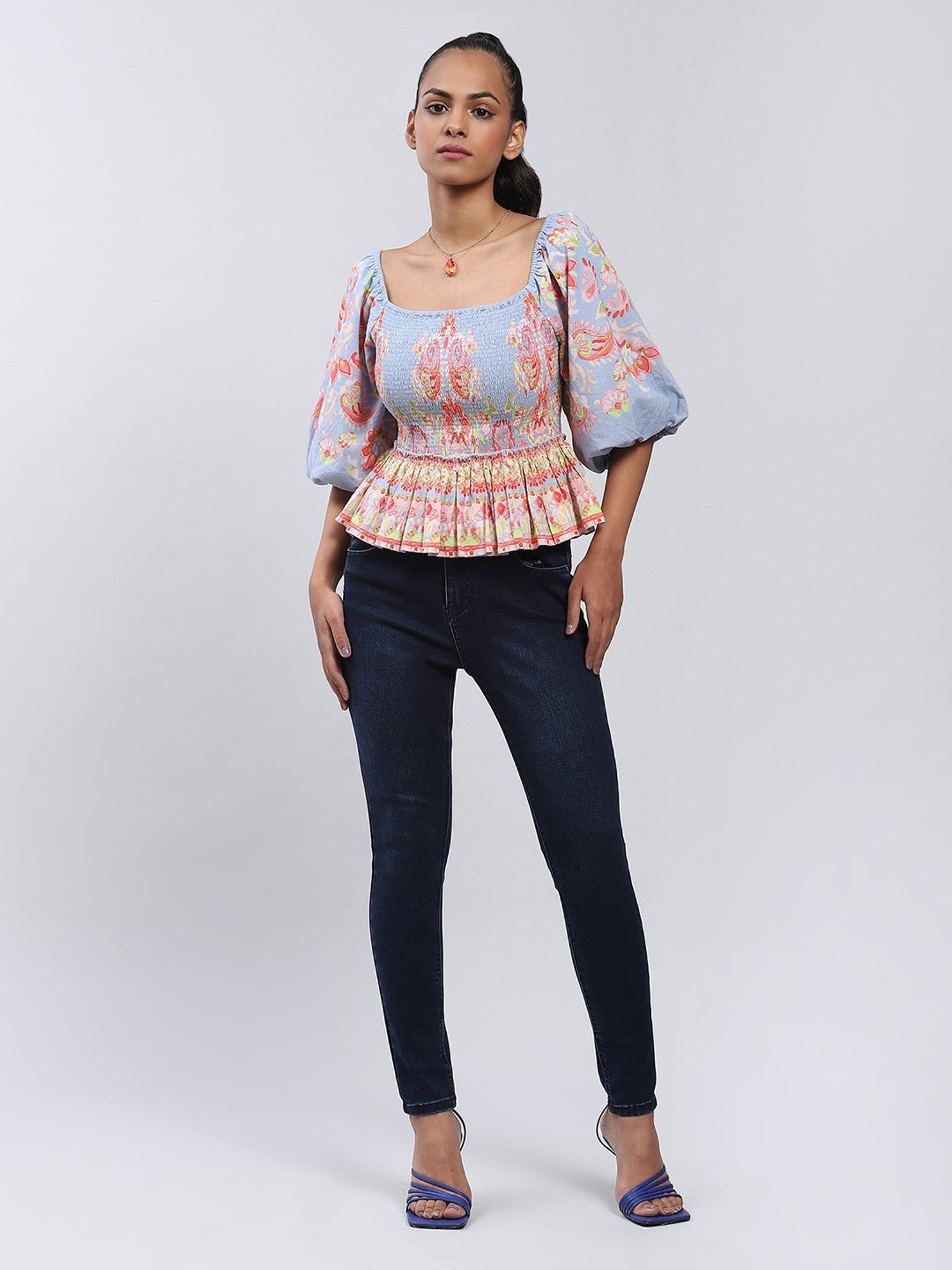 Label Ritu Kumar Blue Floral Print Peplum Top