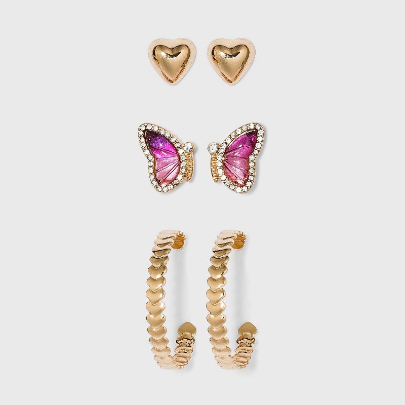 Acrylic Crystal and Ombre Pink Stone Earring Set 3pc - Wild Fable™ Gold