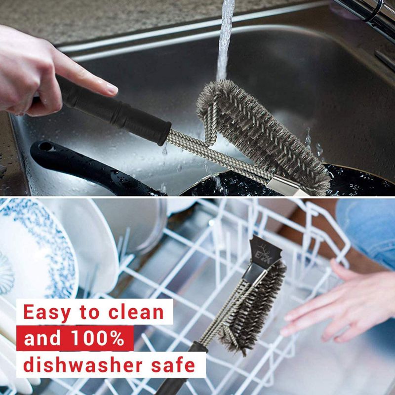 ELK Grill Brush and Scraper BBQ Brush Set, Safe 17" Stainless Steel Woven Wire 3 in 1 Bristle Grill Cleaning Brush for Weber and All Gas/Charcoal Grilling Grates - BBQ Tools and Grill Accessories