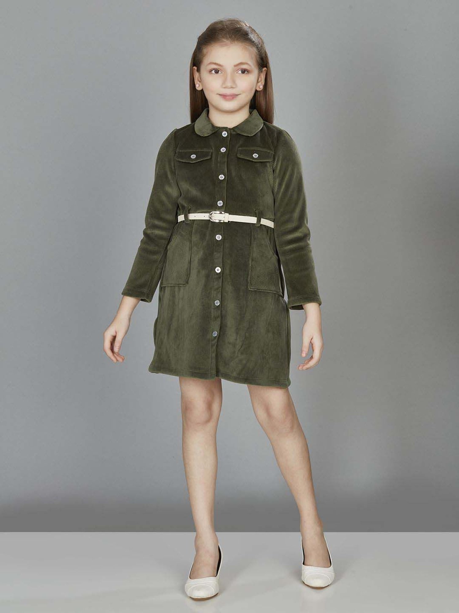 Peppermint Girls Olive Striped Full Sleeves Dress