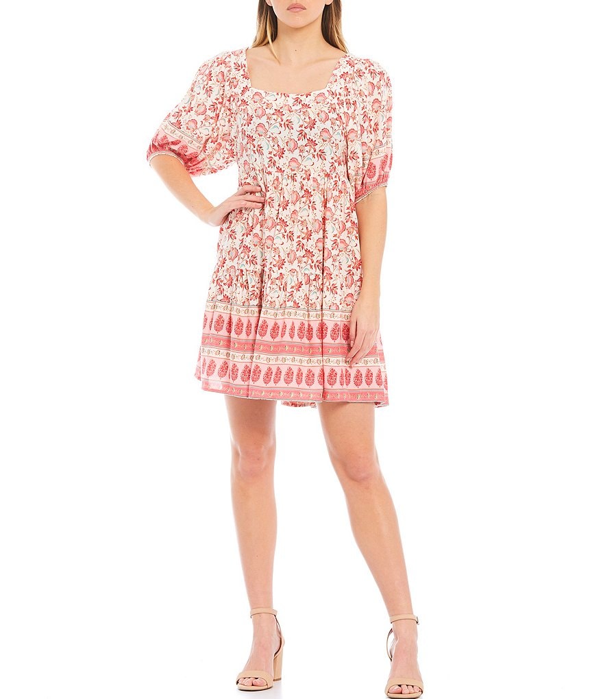 B.O.G. Collective Border Print Square Neck Puff Sleeve Dress