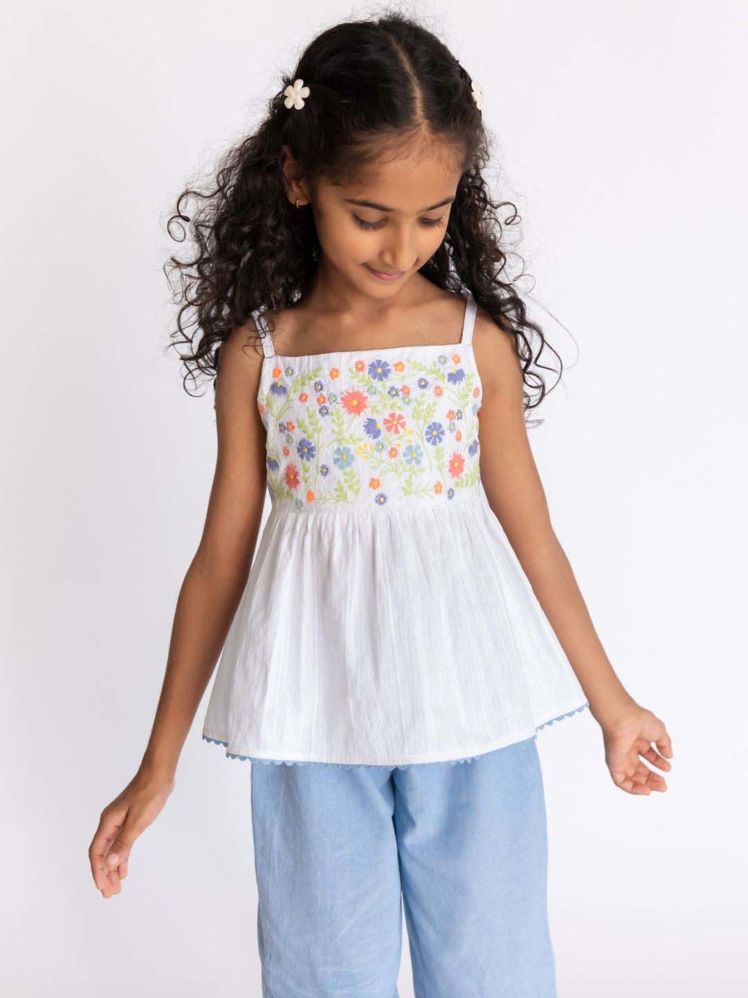 A Little Fable White & Blue Cotton Floral Print Top Set