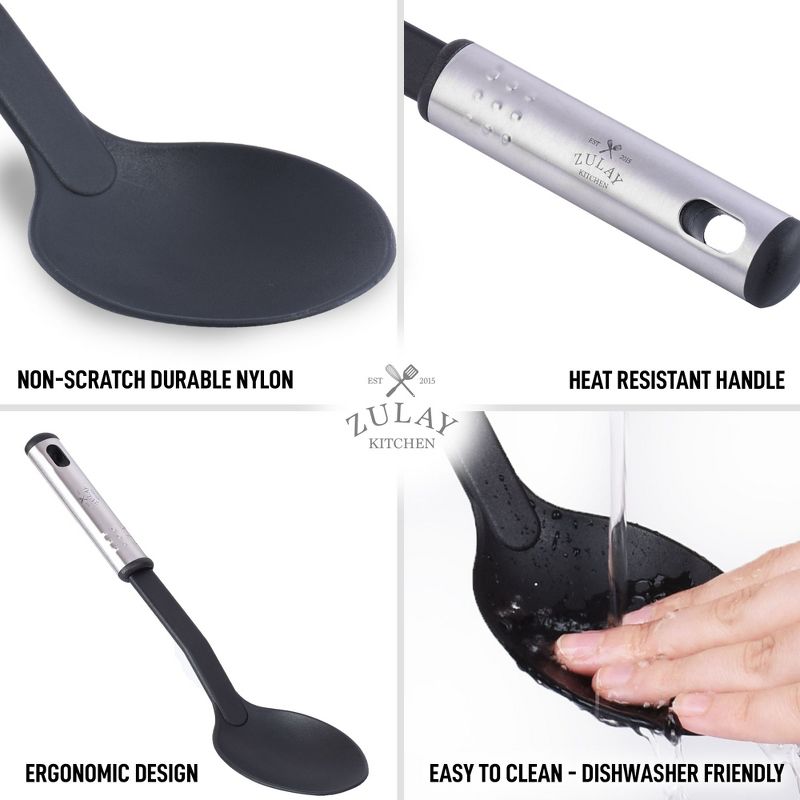 Zulay Kitchen Nylon Serving Spoon - Cooking Spoon with 410&deg;F Heat Resistant Handle - Large Kitchen Serving Spoon For Soups, Stews, and Sauces - Non-Scratch and Nonstick Black Nylon Kitchen Spoon