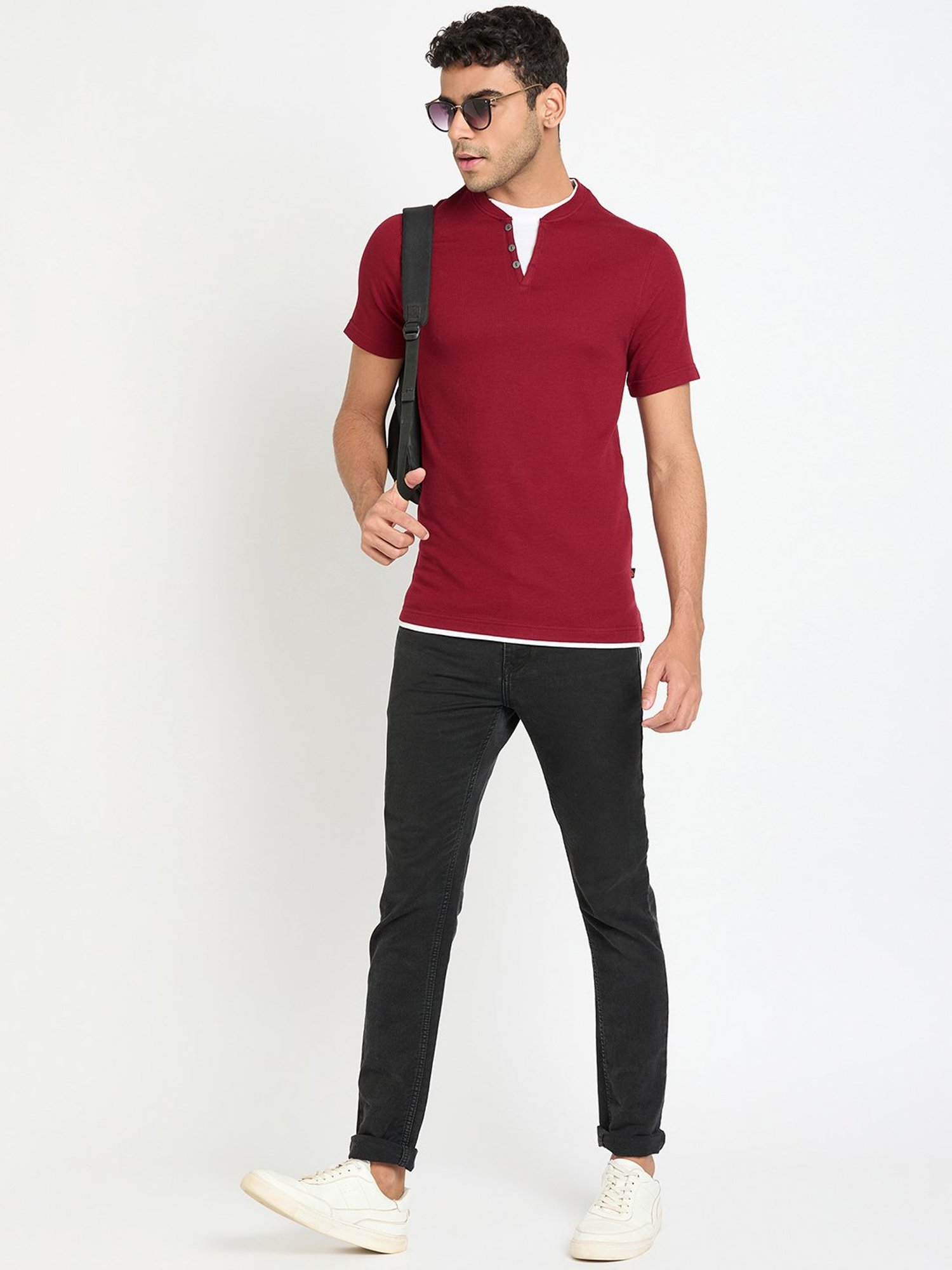 Club York Wine Regular Fit Textured Henley T-Shirt