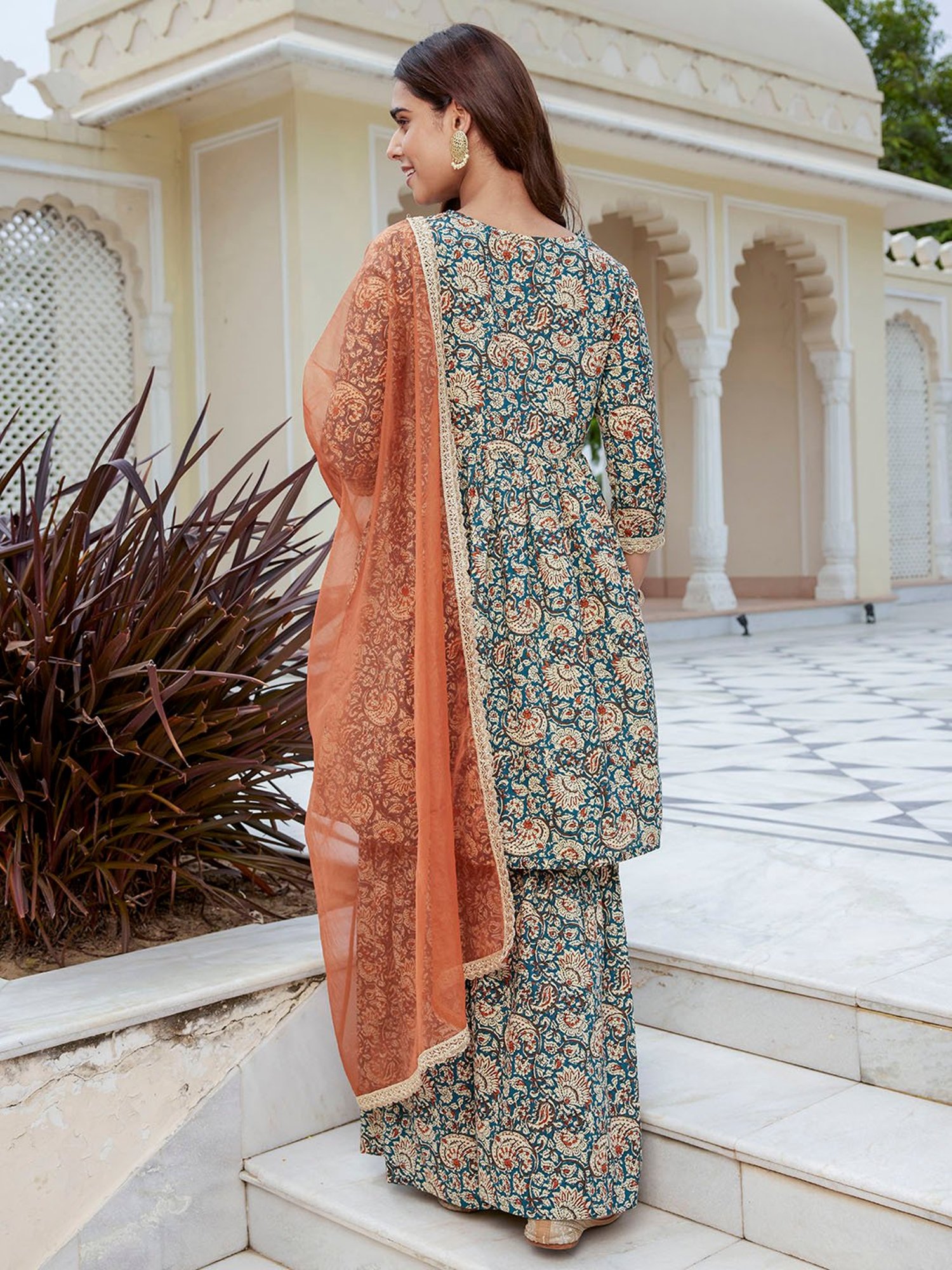Janasya Teal Cotton Printed Kurta With Sharara & Dupatta