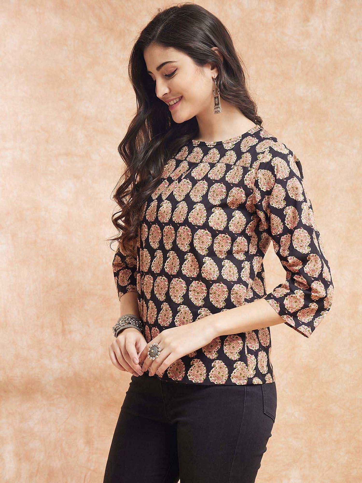 Inweave Black & Beige Printed Top
