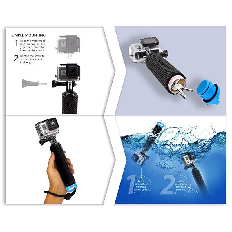 Floating Hand Grip Compatible with GoPro Hero 9 8 7 6 5 4 3+ 2 1 Session Black Silver Camera Handler Handle Mount Accessories Kit for Water Sport and All Action Cameras Blue