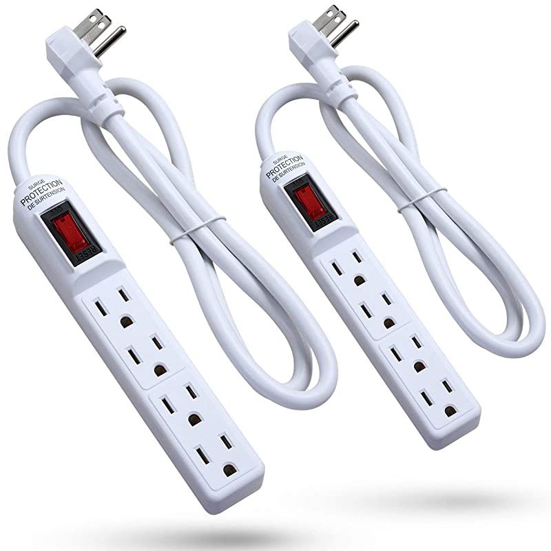 Surge Protector Power Strip Flat Plug 2 Pack 4Outlet Splitter Extender 1875 Watt 300 Joules 3FT Extension Cord Wall Mount with 3 Prong Grounded for Office Dorm Home ETL Listed