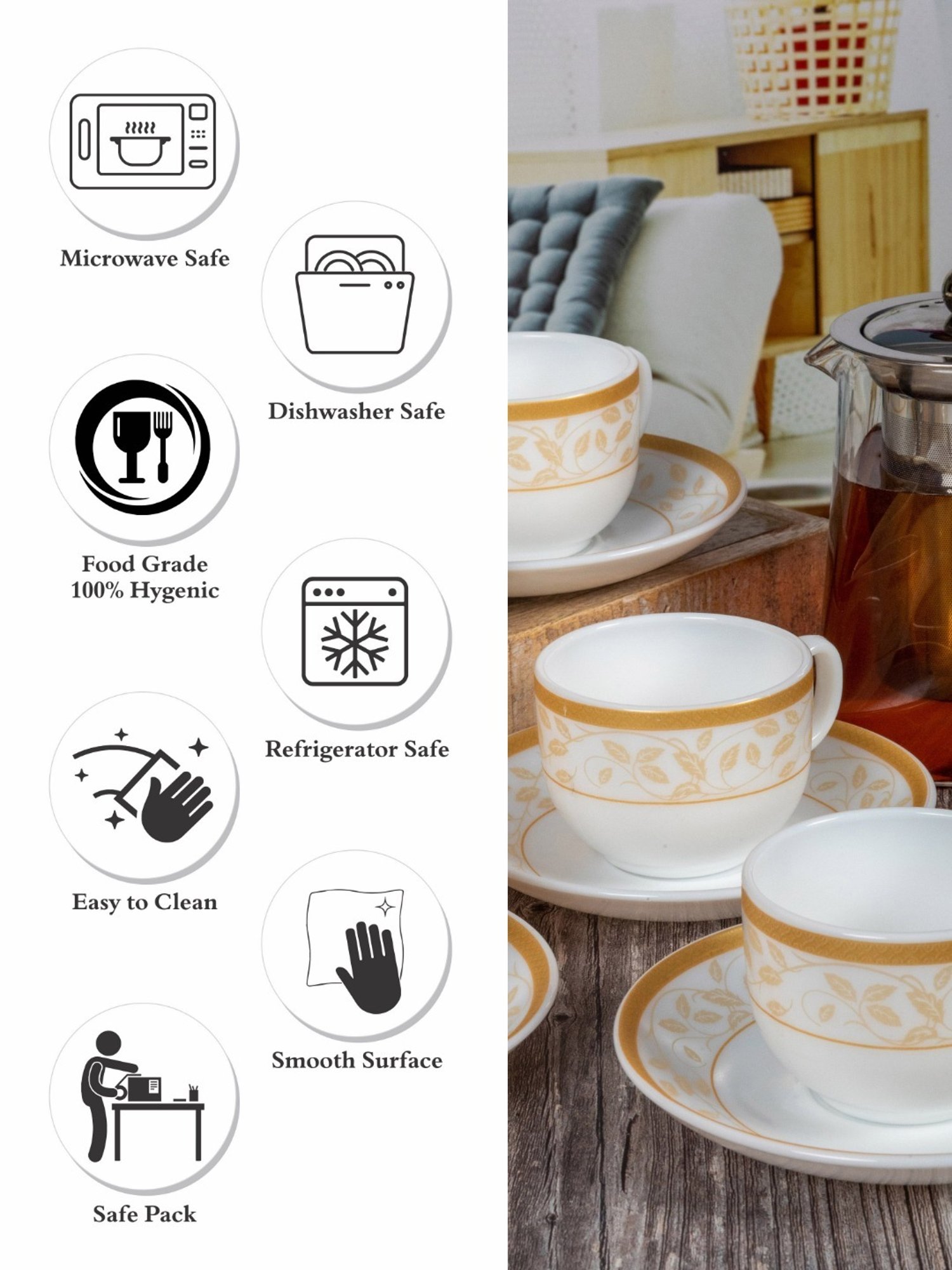 Cello Divine Printed White Opalware Tea Cups & Saucers - Set of 6 (160ml)