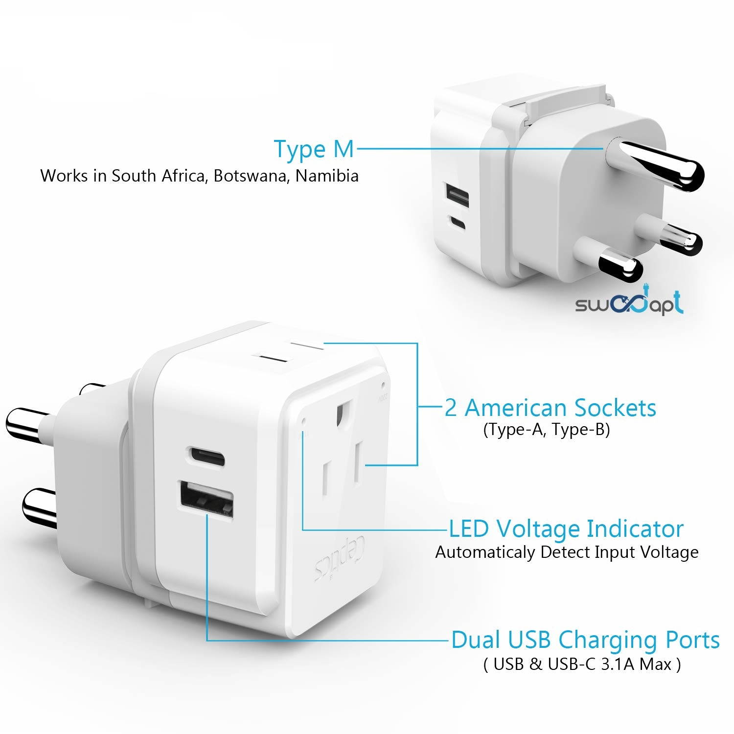 PAK-ALL Complete International 13 Travel Adapter Set | USB & USB-C Ports + 2 US Outlets