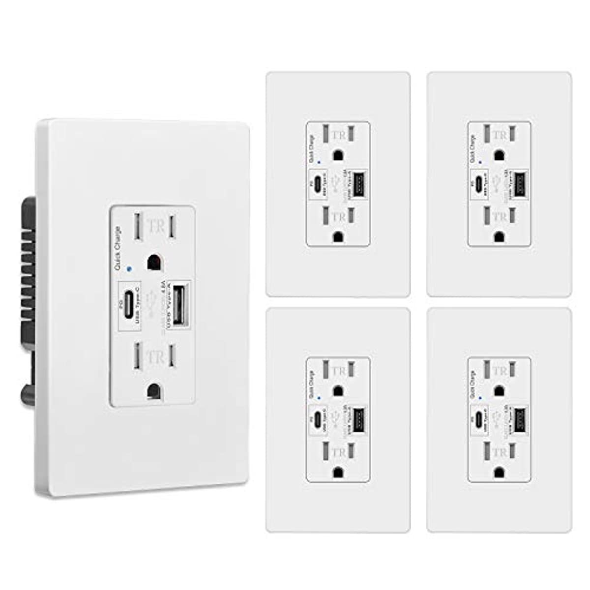[5 Pack] BESTTEN 15 Amp Quick Charge USB Receptacle Outlet, Type C Supports PD & QC 3.0, 15A Tamper Resistant AC Outlets, Mid-Size Screwless Wallplate Included, UL Listed, White
