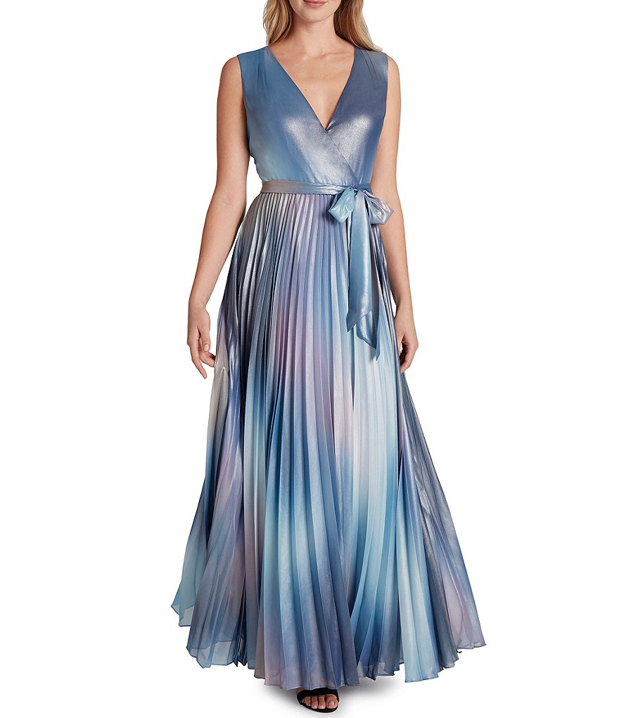 Jkara Chiffon Popover Beaded V-Neck 3/4 Capelet Sleeve Gown