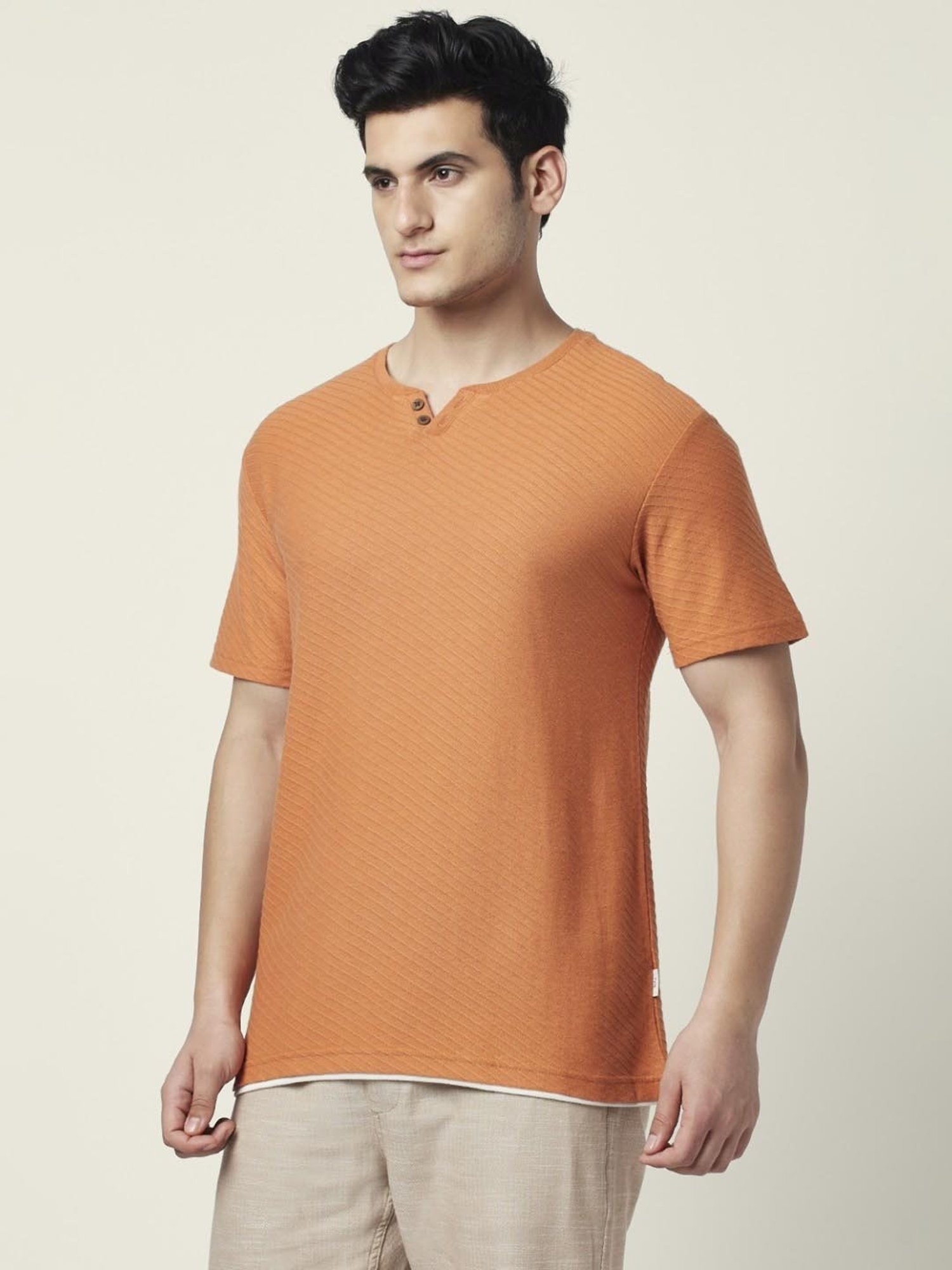 7 Alt by Pantaloons Rusty Orange Relaxed Fit Self Pattern T-Shirt