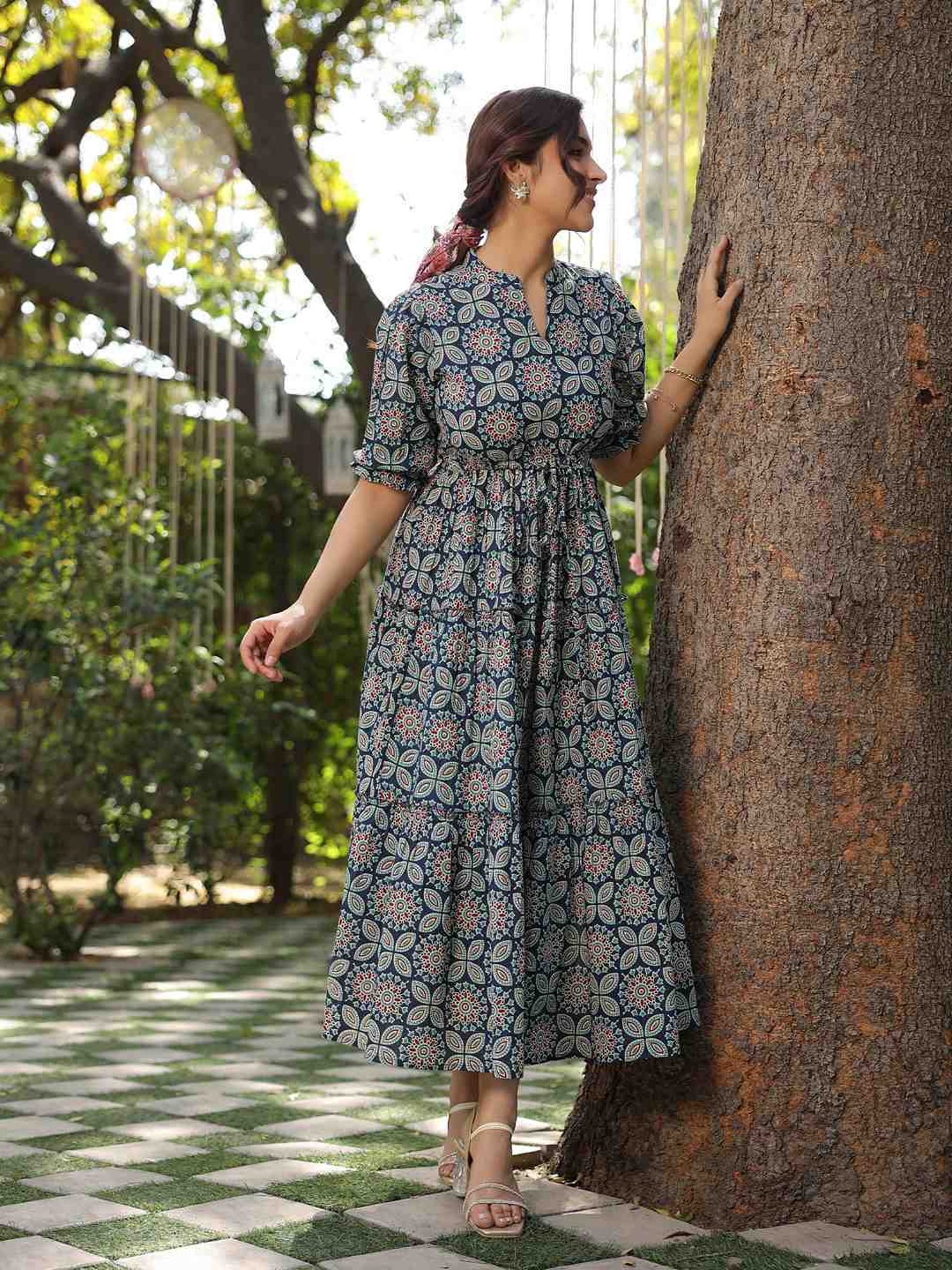 Rain and Rainbow Blue Cotton Printed A-Line Dress