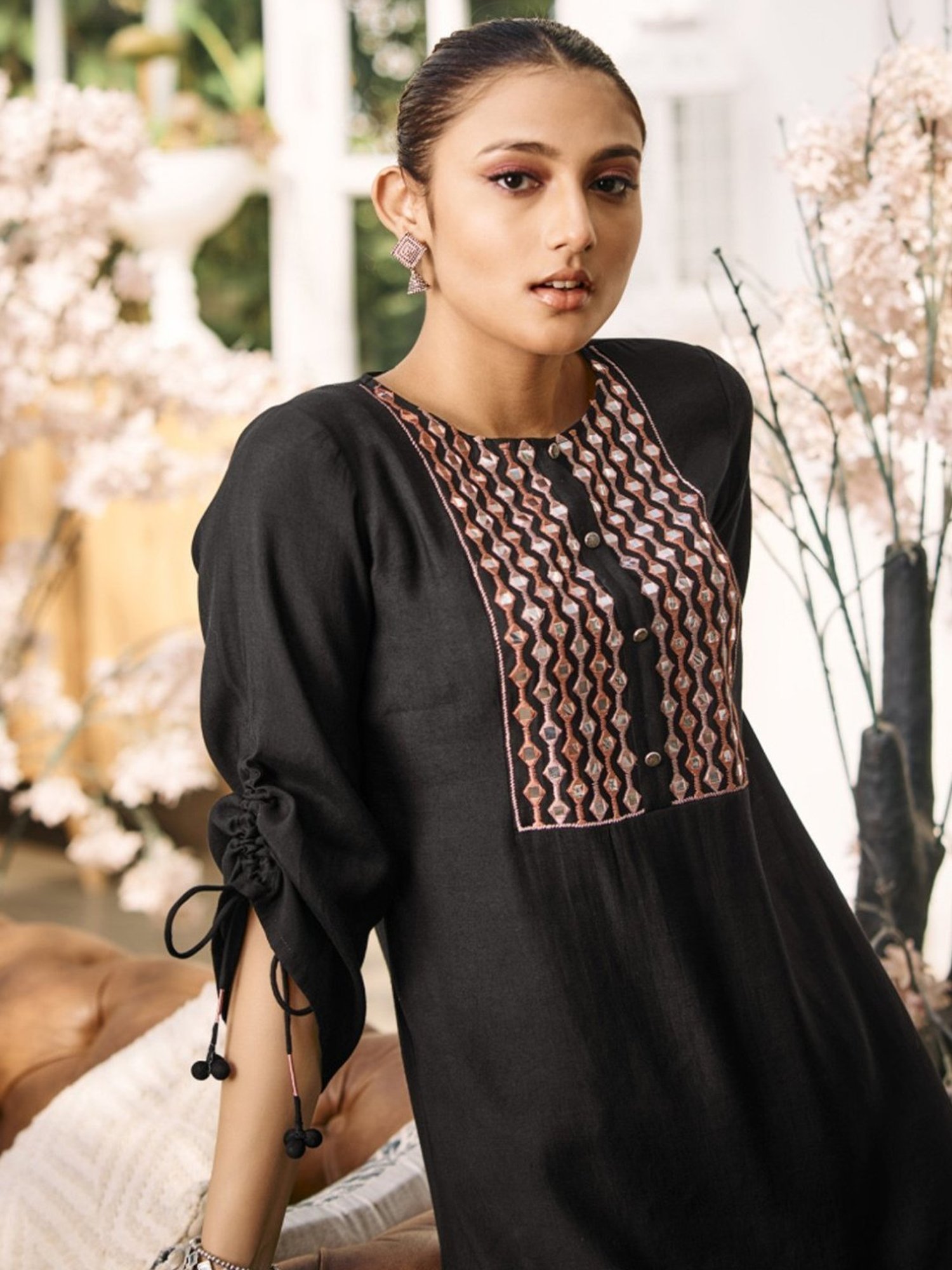 Autumnlane Lama Black Embroidery Tunic with Pant Co-ord Set