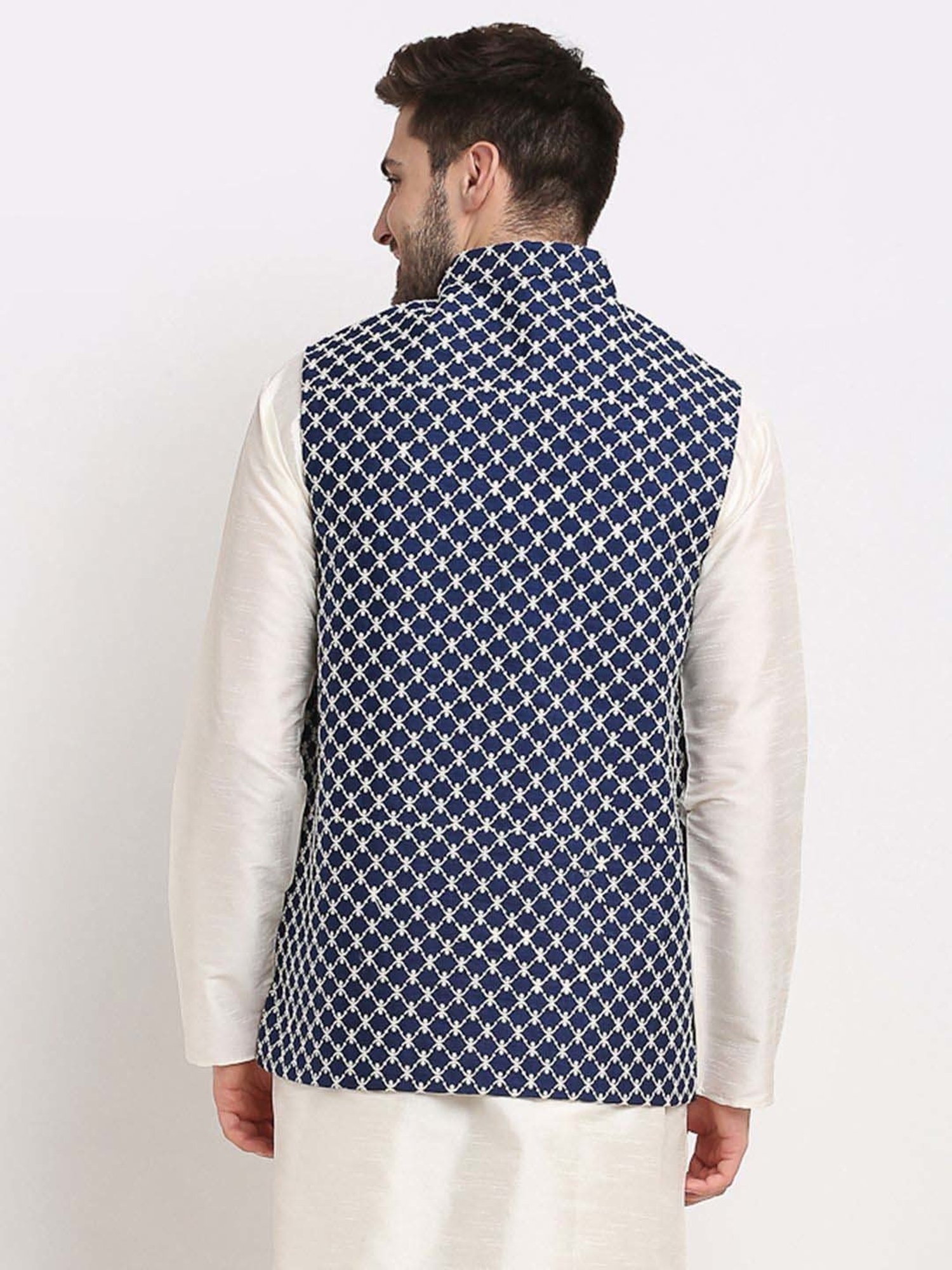 Jompers Navy Regular Fit Embroidered Nehru Jacket