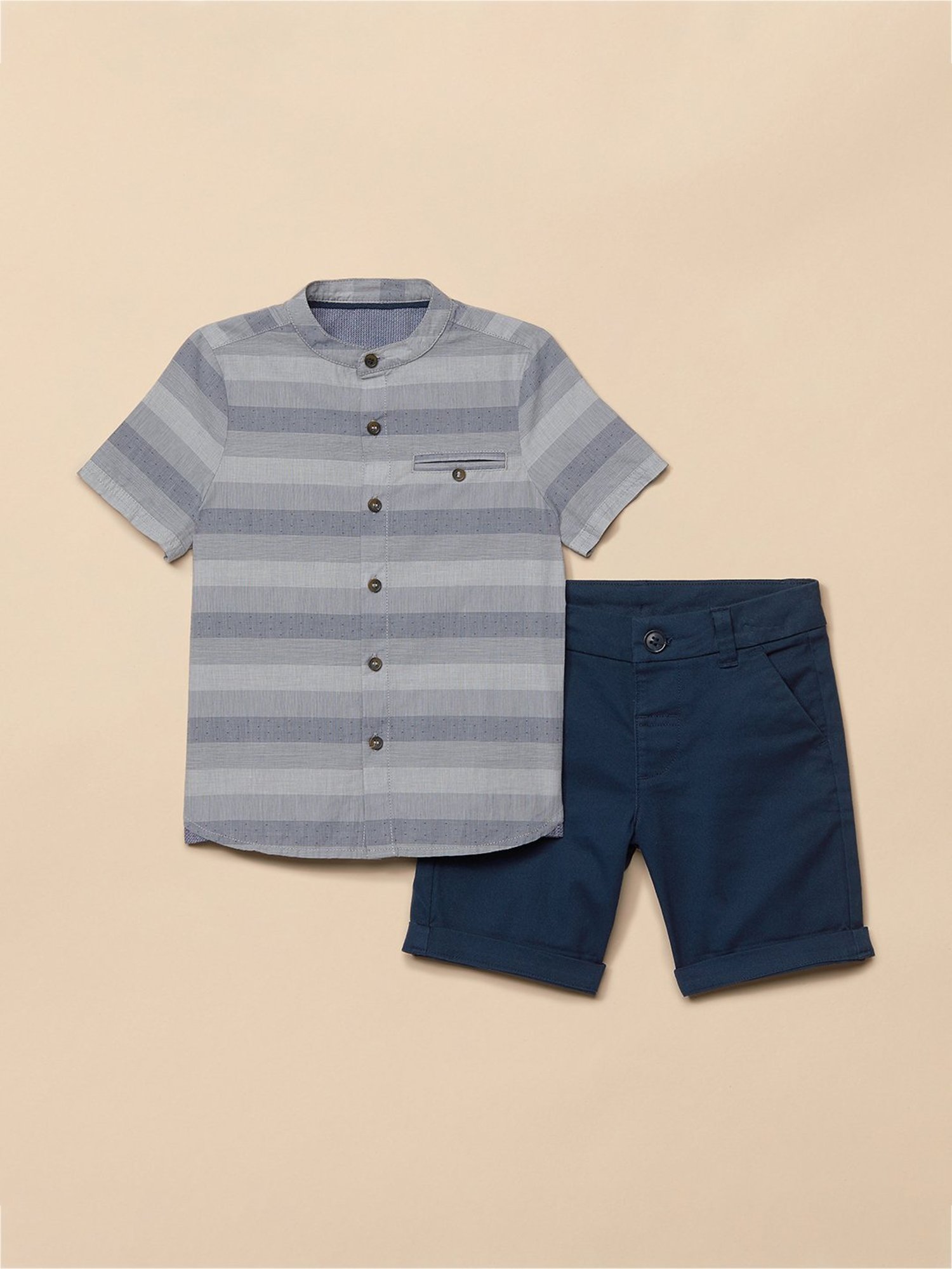 Mothercare Kids Grey & Navy Striped Shirt withShorts