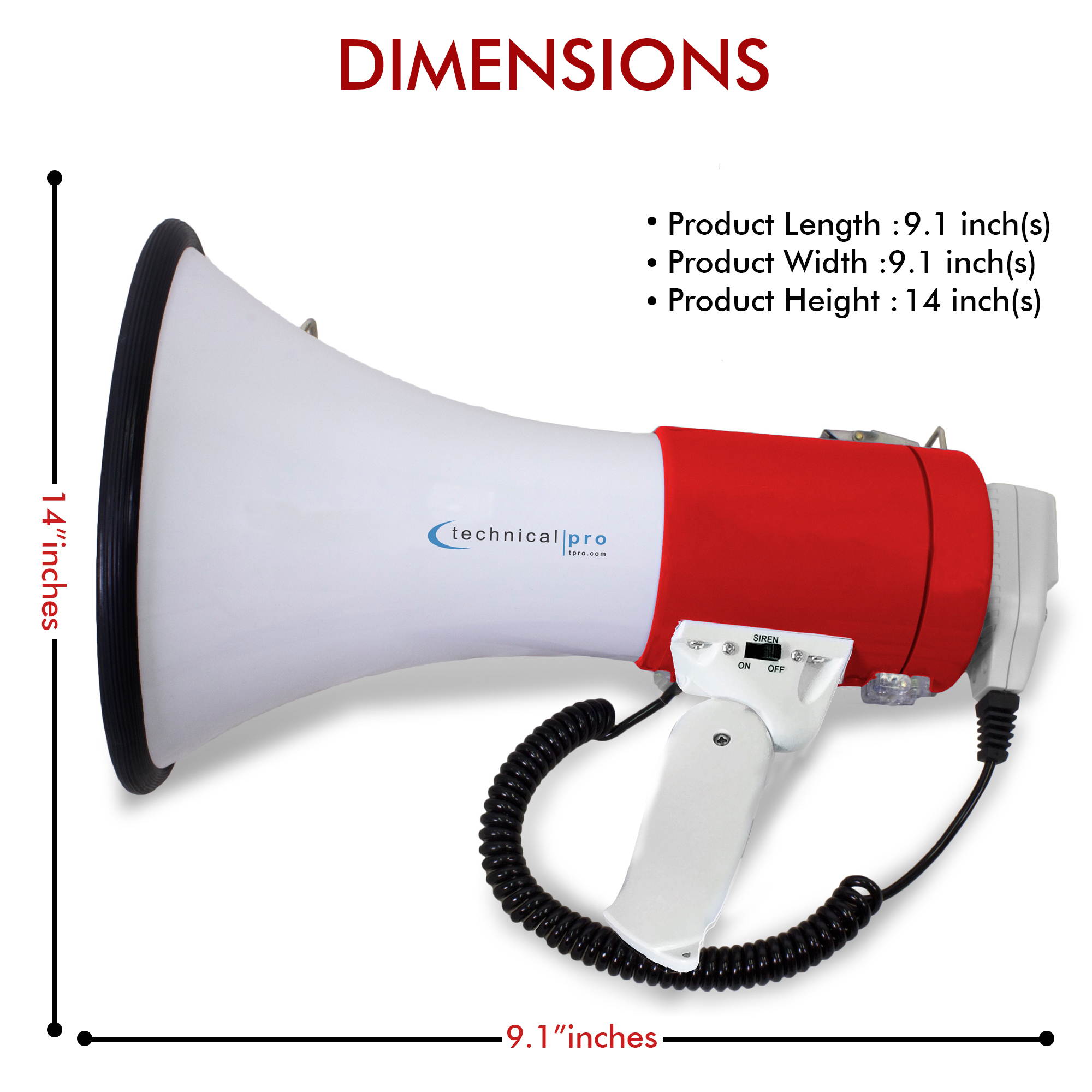 Technical Pro, Red Megaphone 50-Watt Siren Bullhorn - Bullhorn Speaker w/Detachable Microphone, Portable Lightweight Strap Detachable PA - Professional Outdoor Voice for Police & Cheer leading