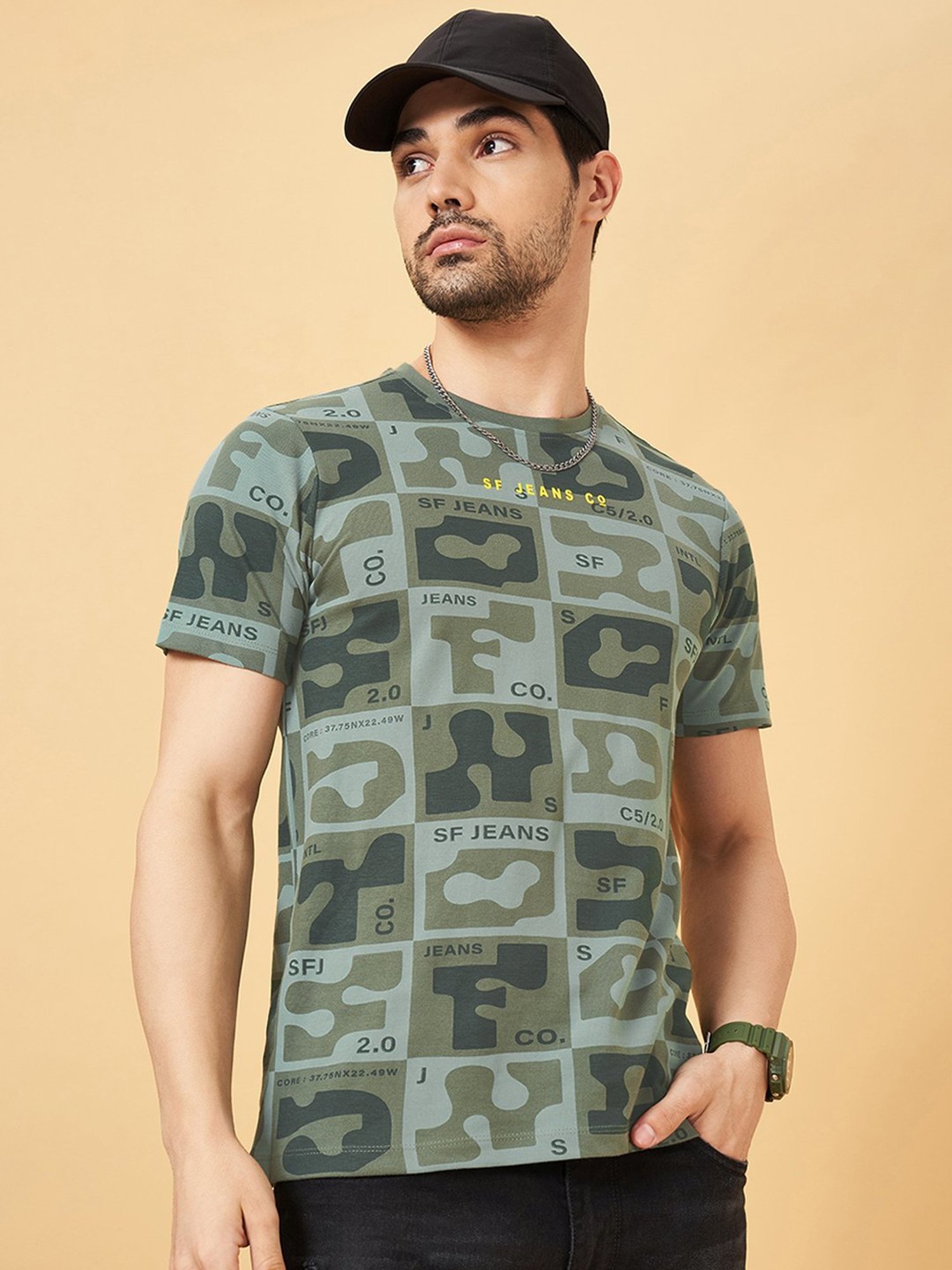 Sf Jeans By Pantaloons Green Slim Fit Printed T-Shirt