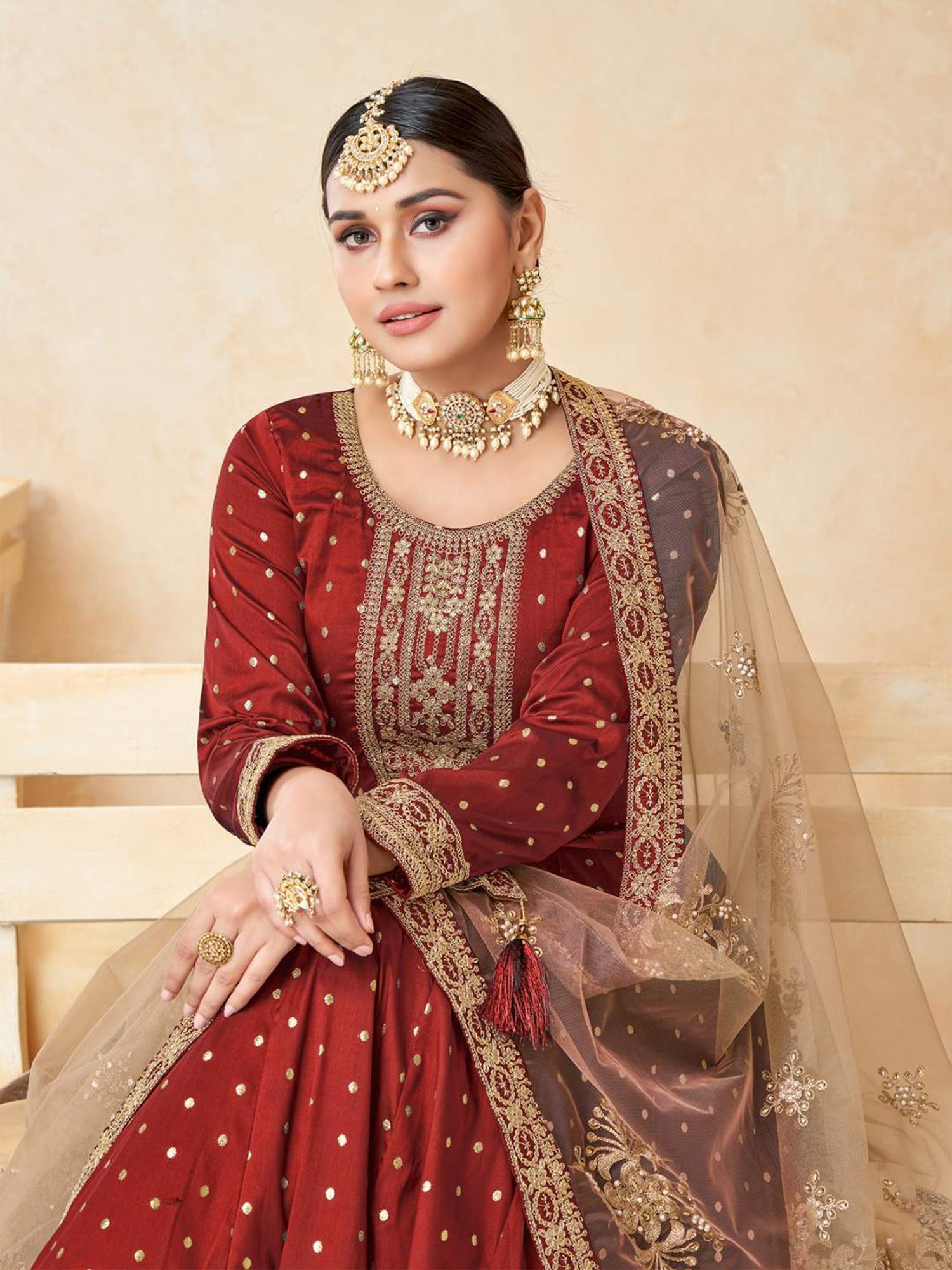 Odette Maroon Embroidered Unstitched Dress Material