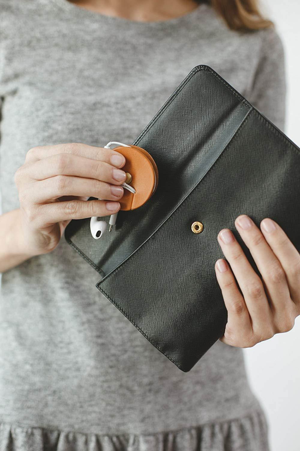 TunePoint Leather Cord Organizer for Earphones/Earbud Holder (Dark Navy)